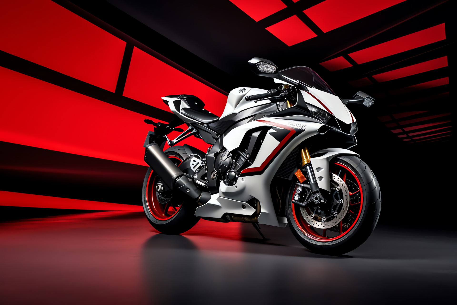 Yamaha R1, renowned handling, elevated perspective, dynamic color trio, red, black, white contrast, HD Desktop Image