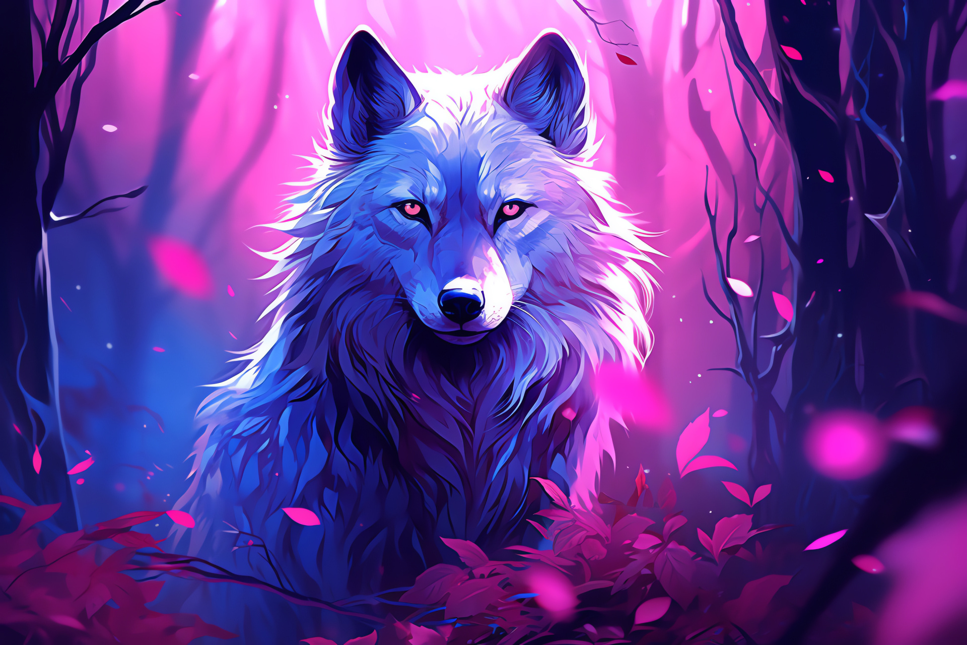 Wolf illustration, mystical canine, neon luminescence, dreamlike ambiance, fantasy creature, HD Desktop Wallpaper