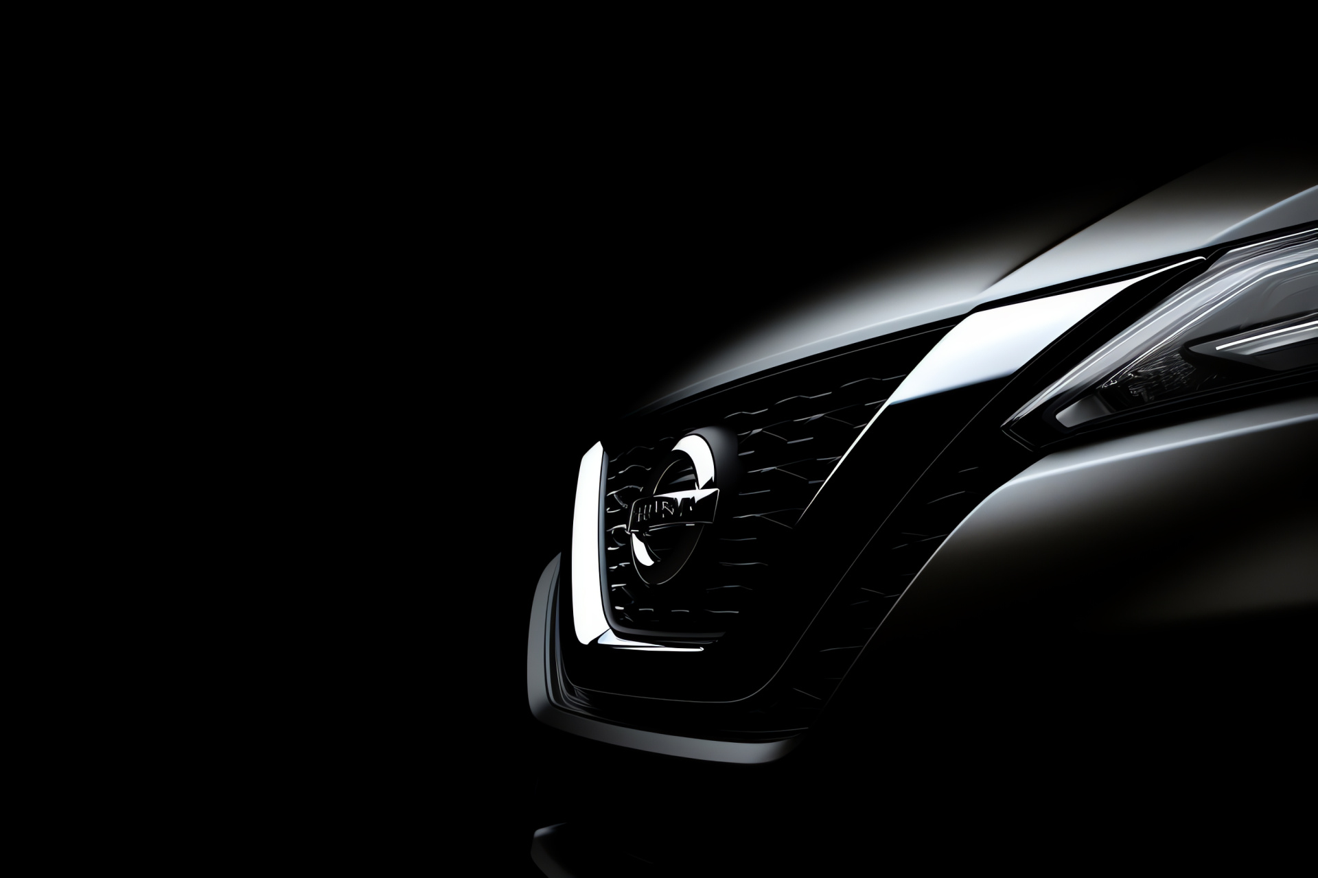 Nissan automotive emblem, Profound black canvas, Sideways glance, Symbol of Japanese craftsmanship, Brand identity, HD Desktop Image