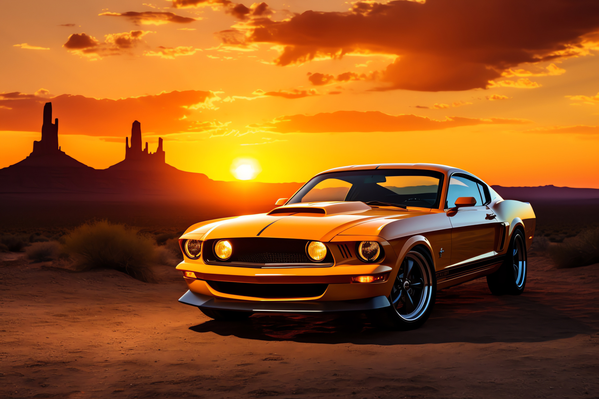 American muscle, Classic road trip, Arid regions, Sunset cruising, Warm light vehicle, HD Desktop Wallpaper