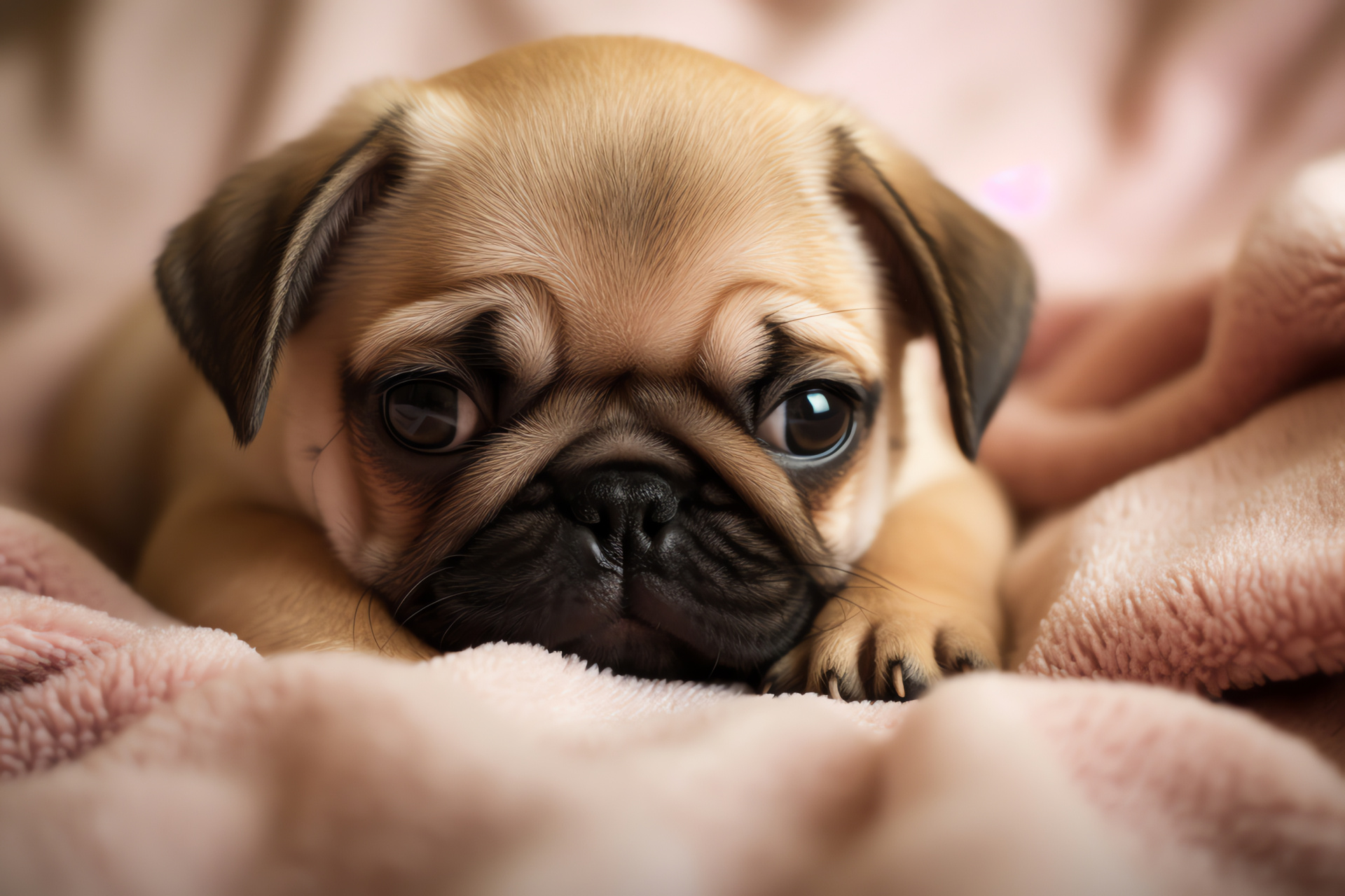 Juvenile pug, Small domestic animal, Glossy brown fur, Soft-eared pup, Household pet, HD Desktop Image