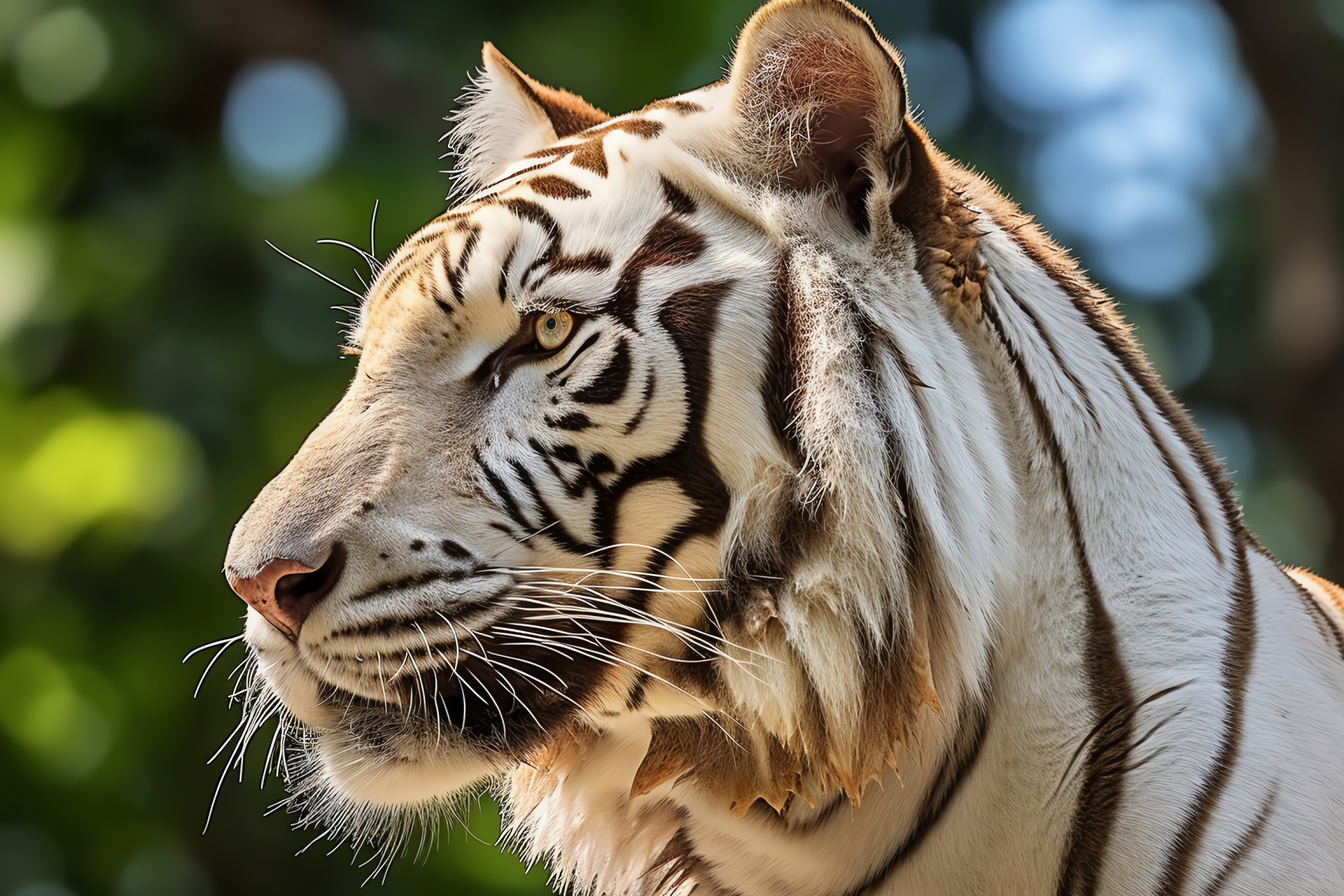 Tiger profile, side perspective, tri-colored tableau, warm hues, charismatic appeal, HD Desktop Image