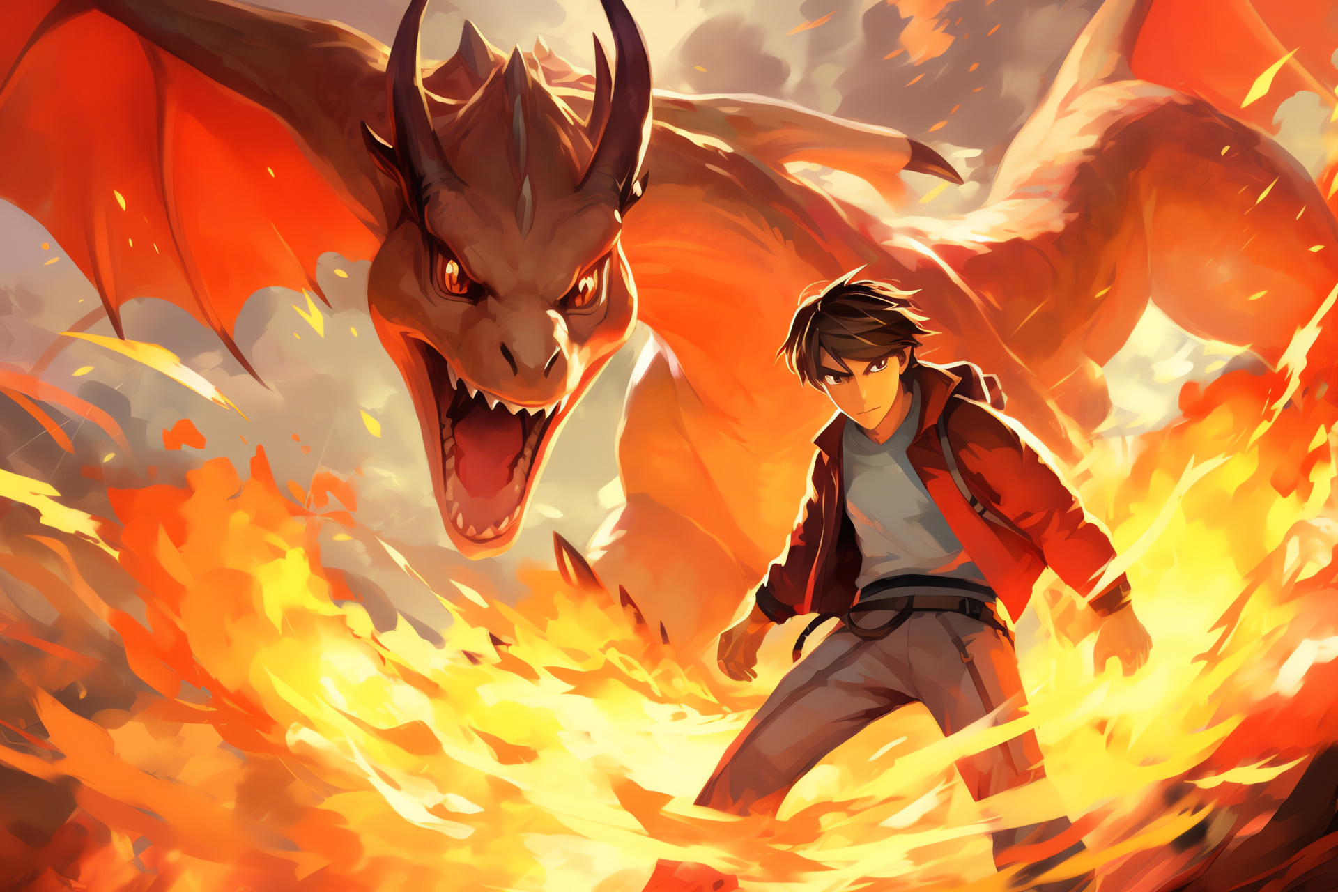 Ash's roster, Charizard blaze, Flying Pokmon, Orange flames, Battle fierceness, HD Desktop Image