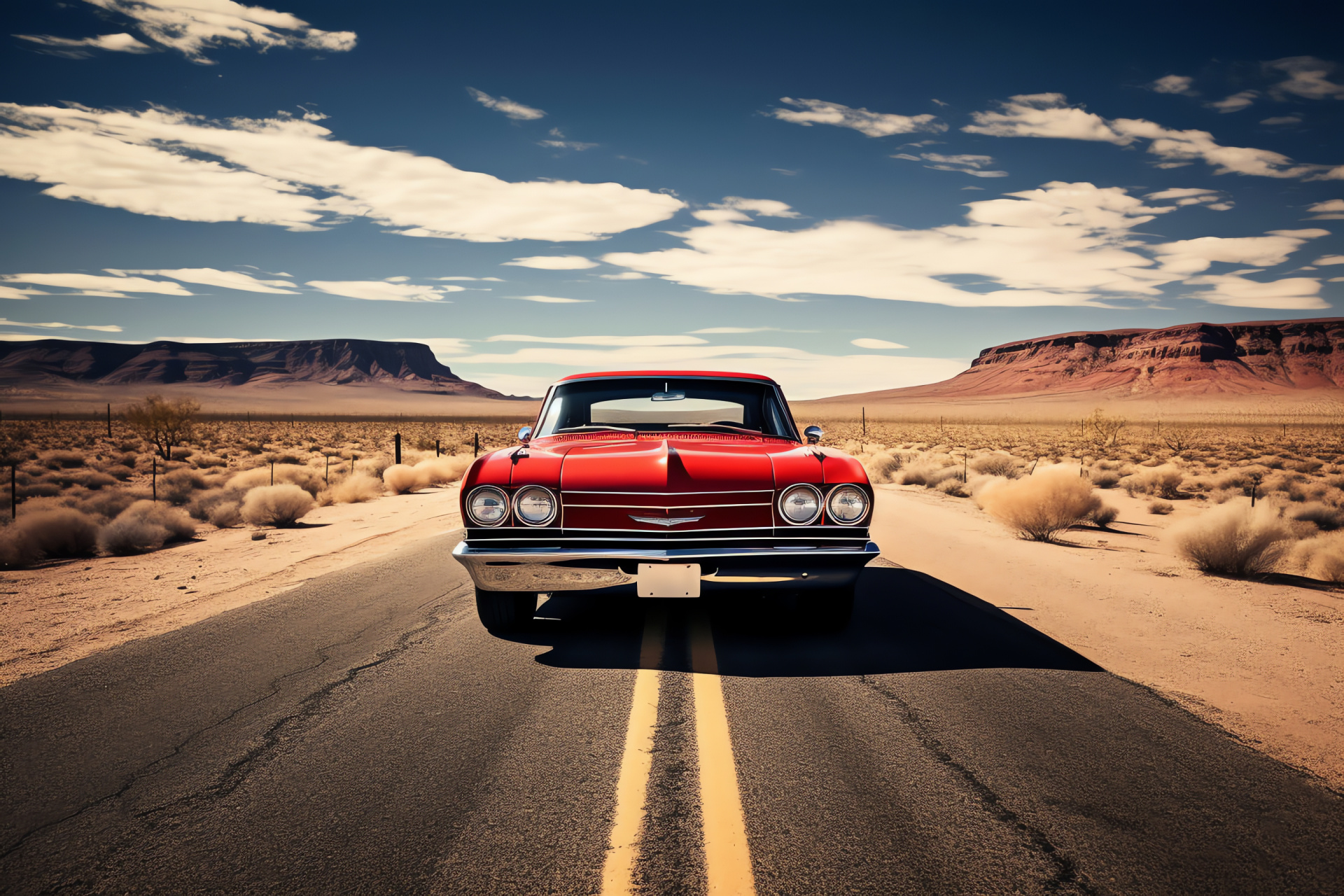 Classic red muscle car, Iconic Route 66, American automotive culture, Desert highway, Freedom and travel, HD Desktop Wallpaper