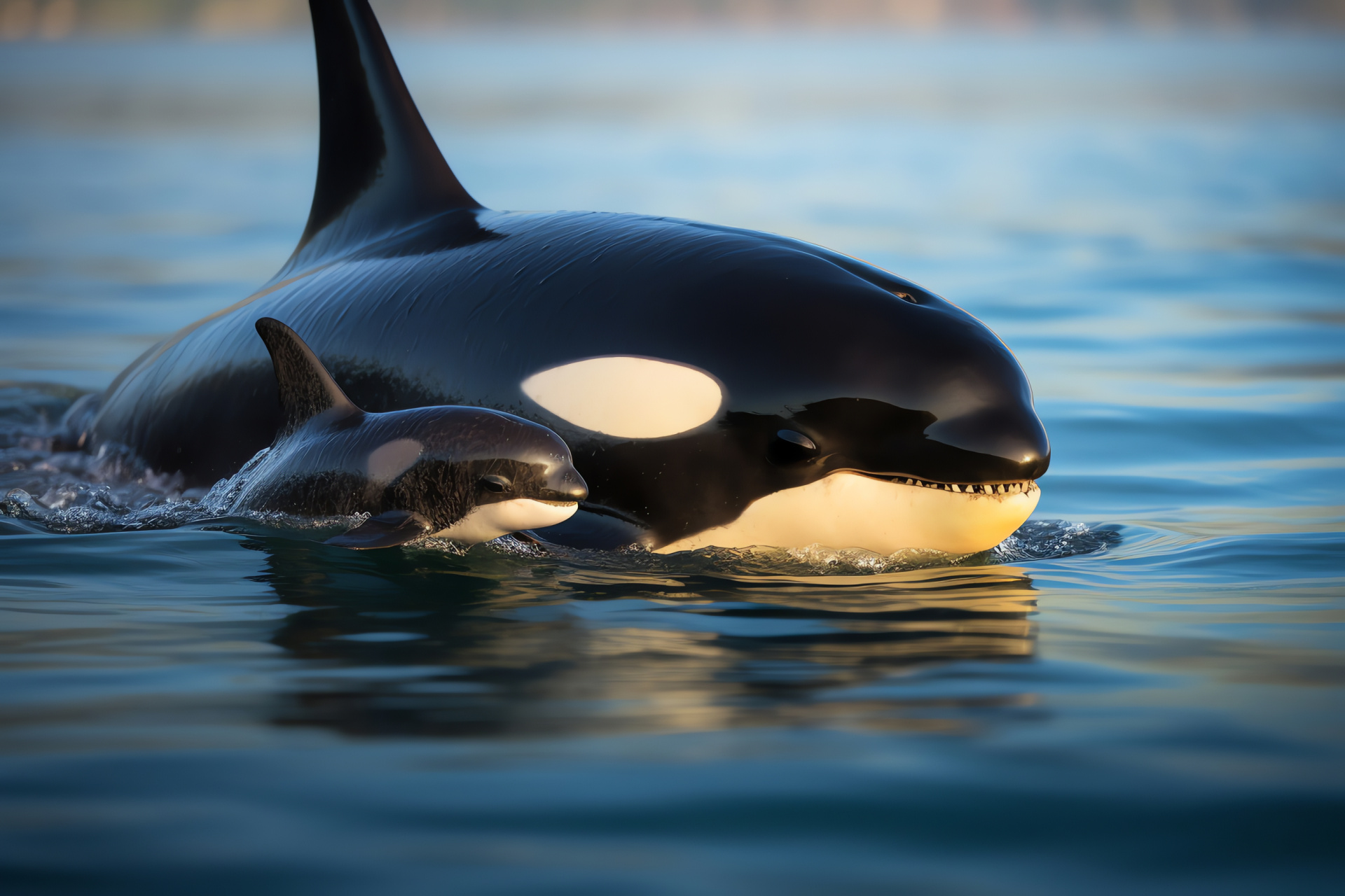 Marine cetacean, Orcinus orca, Depth adaptation, Maternal bond, Young cetacean playfulness, HD Desktop Wallpaper