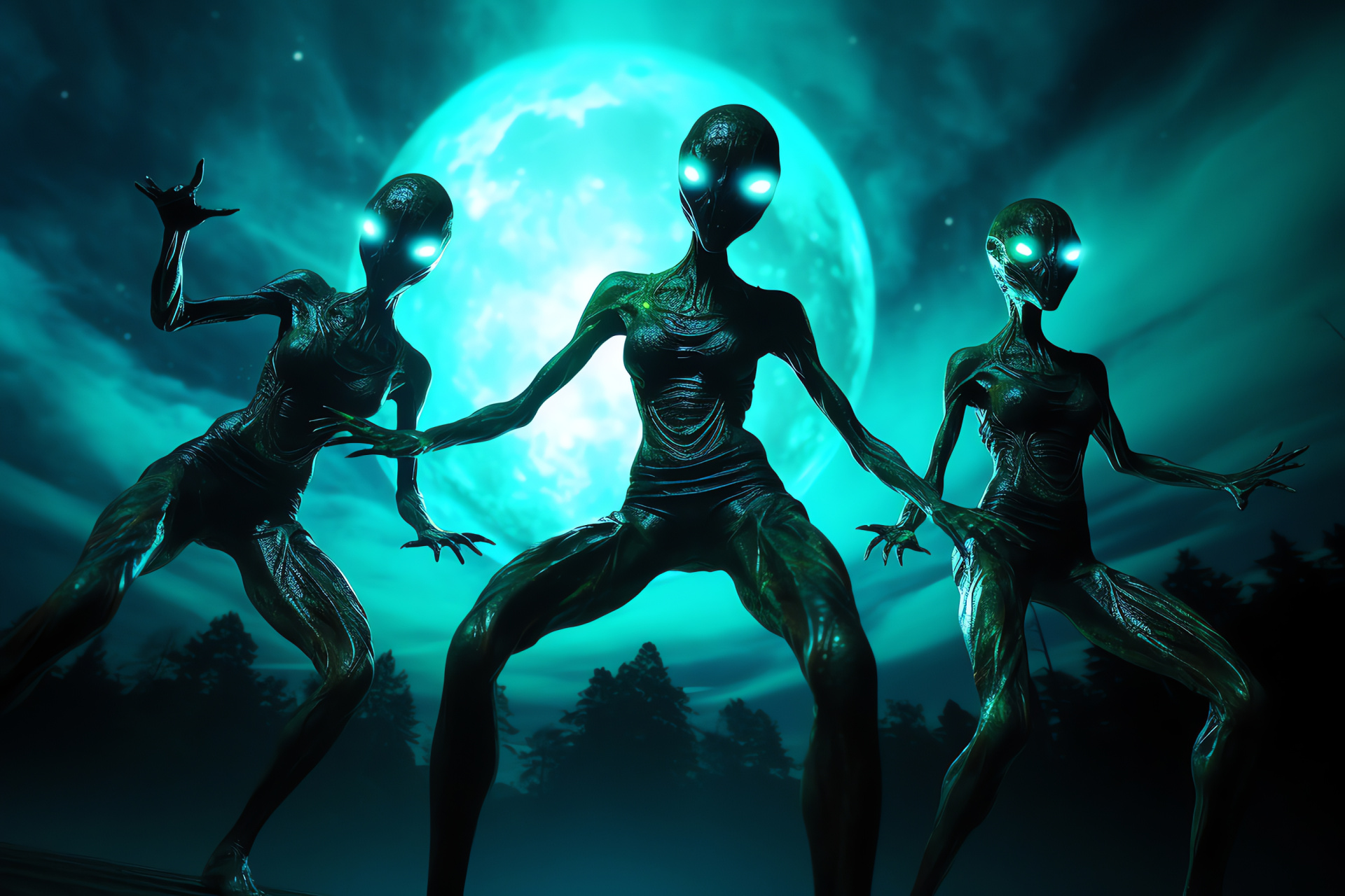 Extraterrestrial moon dance, Moon Dancers, Luminous astrological event, Bioluminescent celestial bodies, Lunar performance, HD Desktop Image