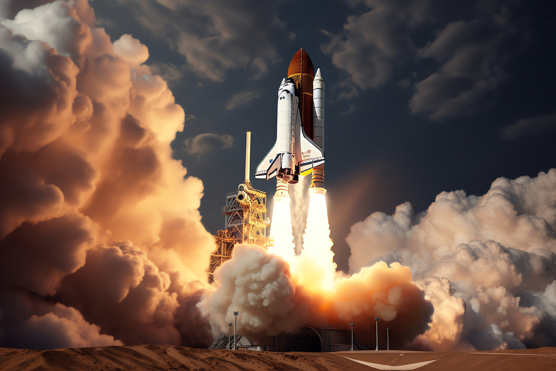 Aerospace launch, Shuttle ascent, Propulsion smoke, Rocket ignition, Aerial journey, HD Desktop Wallpaper