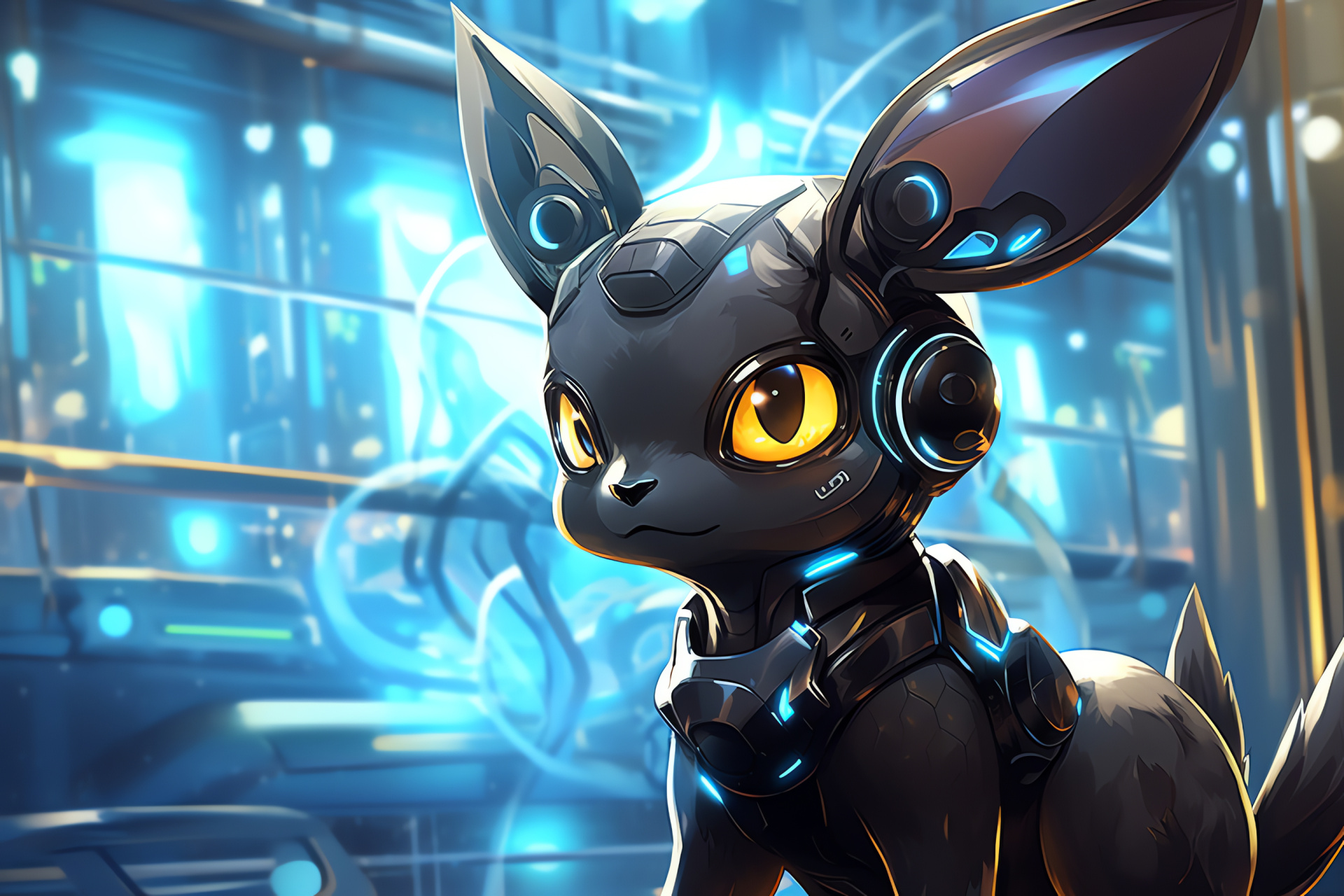 Futuristic Umbreon depiction, Sci-fi gaming design, Digital Pokemon laboratory, Experiments intrigue, Scientific advances, HD Desktop Image