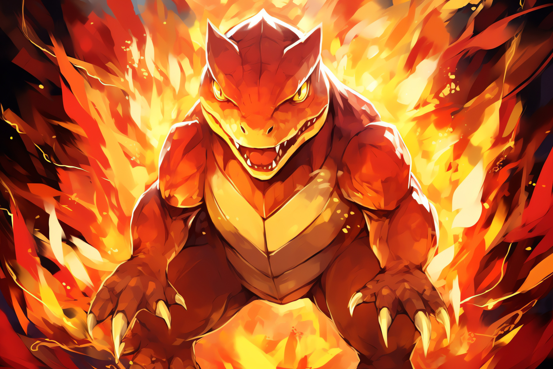 Charmeleon poise, Searing scale hue, Intimidating reptile visage, Panoramic shot, Luminous linear glow, HD Desktop Wallpaper