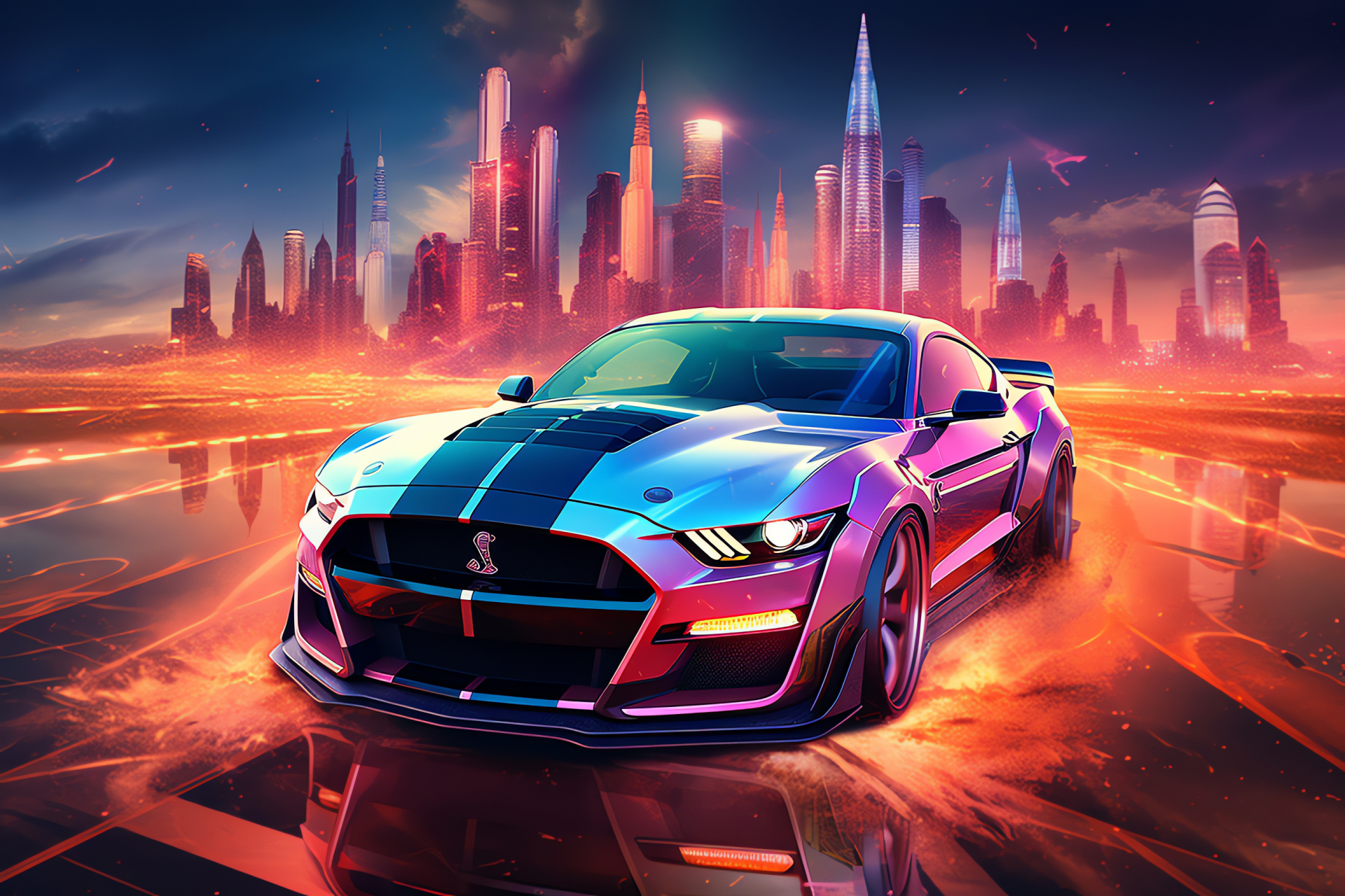 Ford Mustang Shelby, Futuristic landscapes, Aerial vantage point, Triple-tone aurora skies, Blue muscle car, HD Desktop Image