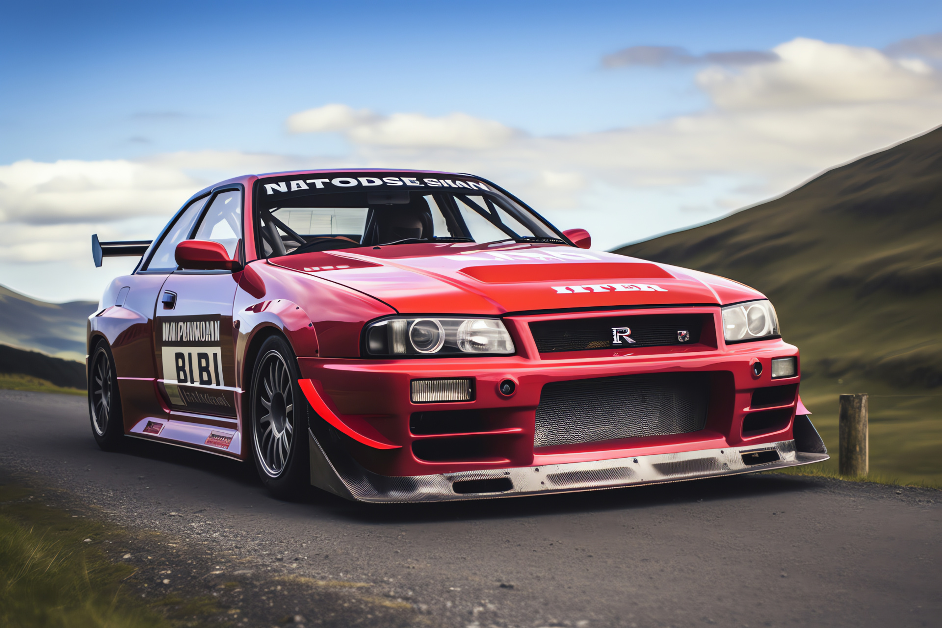 Nissan Skyline GTR R33, Isle of Man setting, TT course adrenaline, Engine force, Grille design, HD Desktop Wallpaper