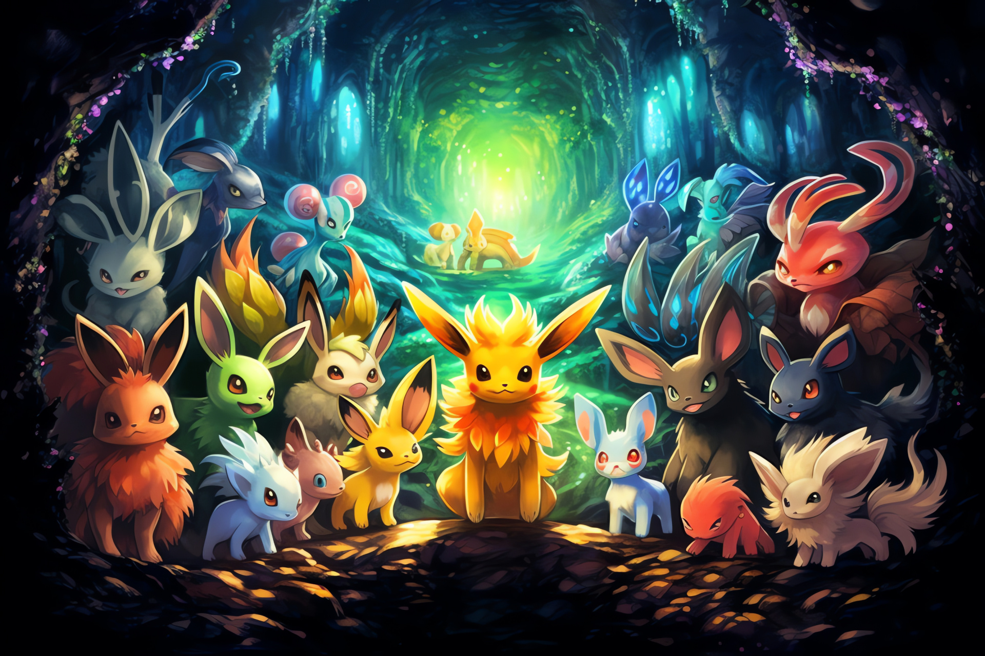 Mystery Dungeon saga, Eeveelution variety, Colorful adventure background, Vaporeon swimming prowess, Jolteon shock capability, HD Desktop Wallpaper