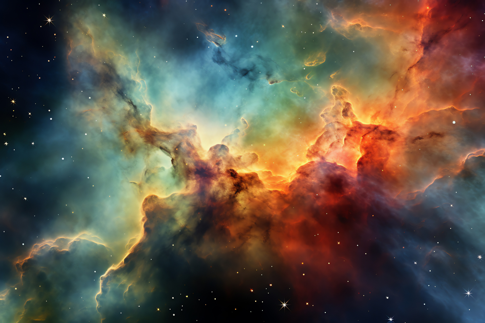 Carina Nebula landscape, Neon glow in space, Dust clouds movement, Breathtaking galactic view, Surreal space clouds, HD Desktop Image