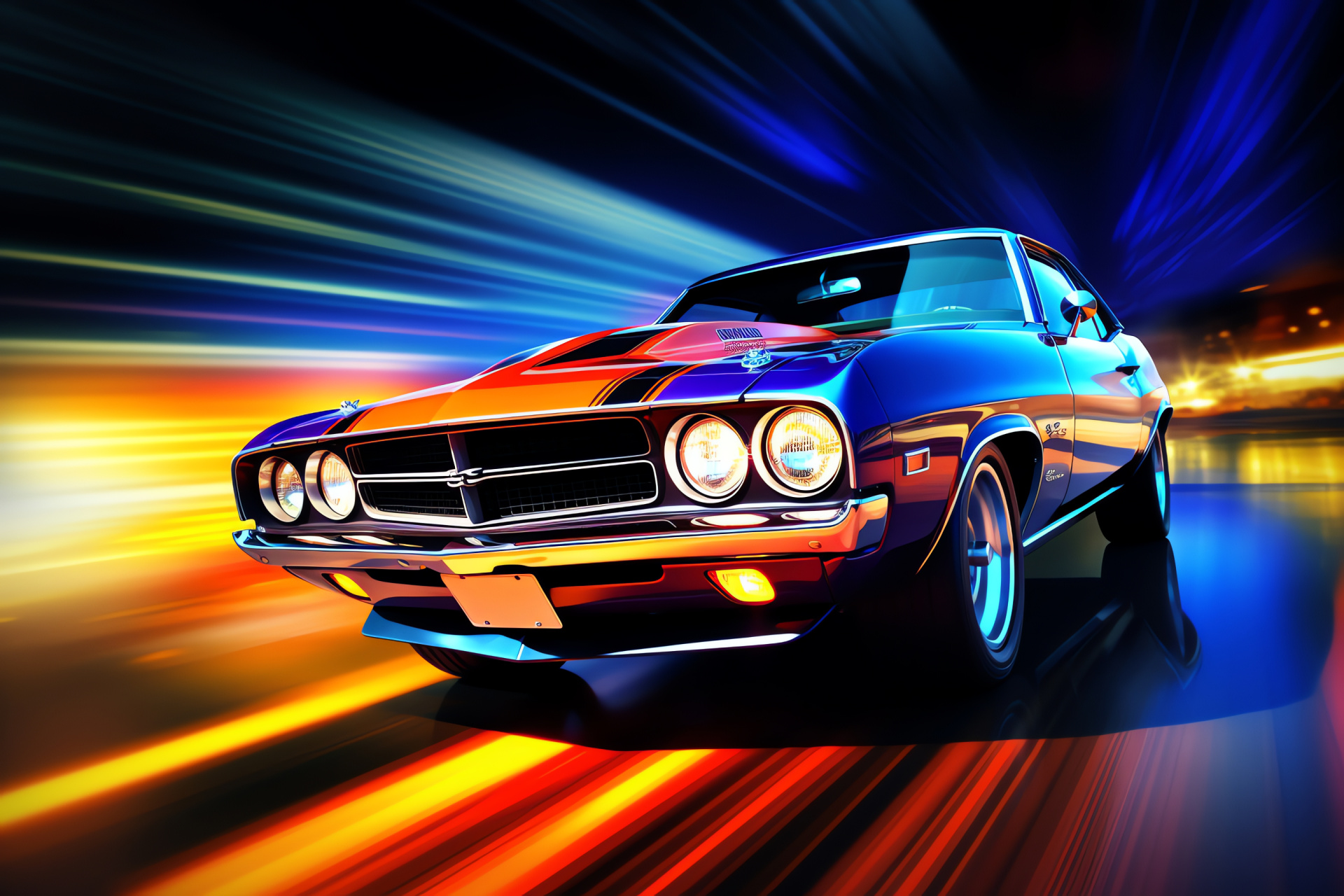 Retro muscle car, Panoramic stance, Neon streamline effect, Cityscape hues, Night-time allure, HD Desktop Wallpaper