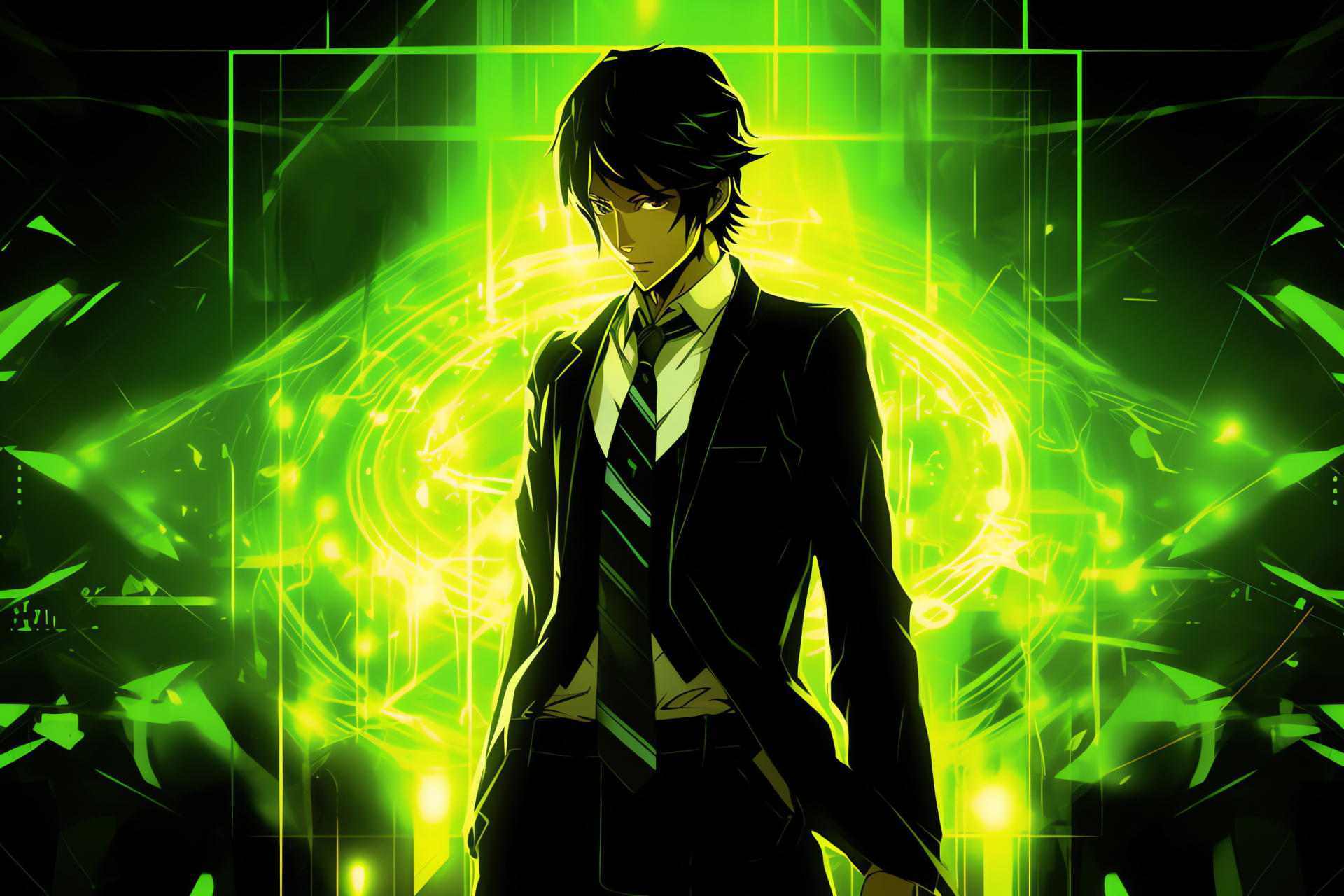 Persona 4 antagonist, Adachi presence, Luminous visual effect, Blue-green spectrum, Investigative themes, HD Desktop Image