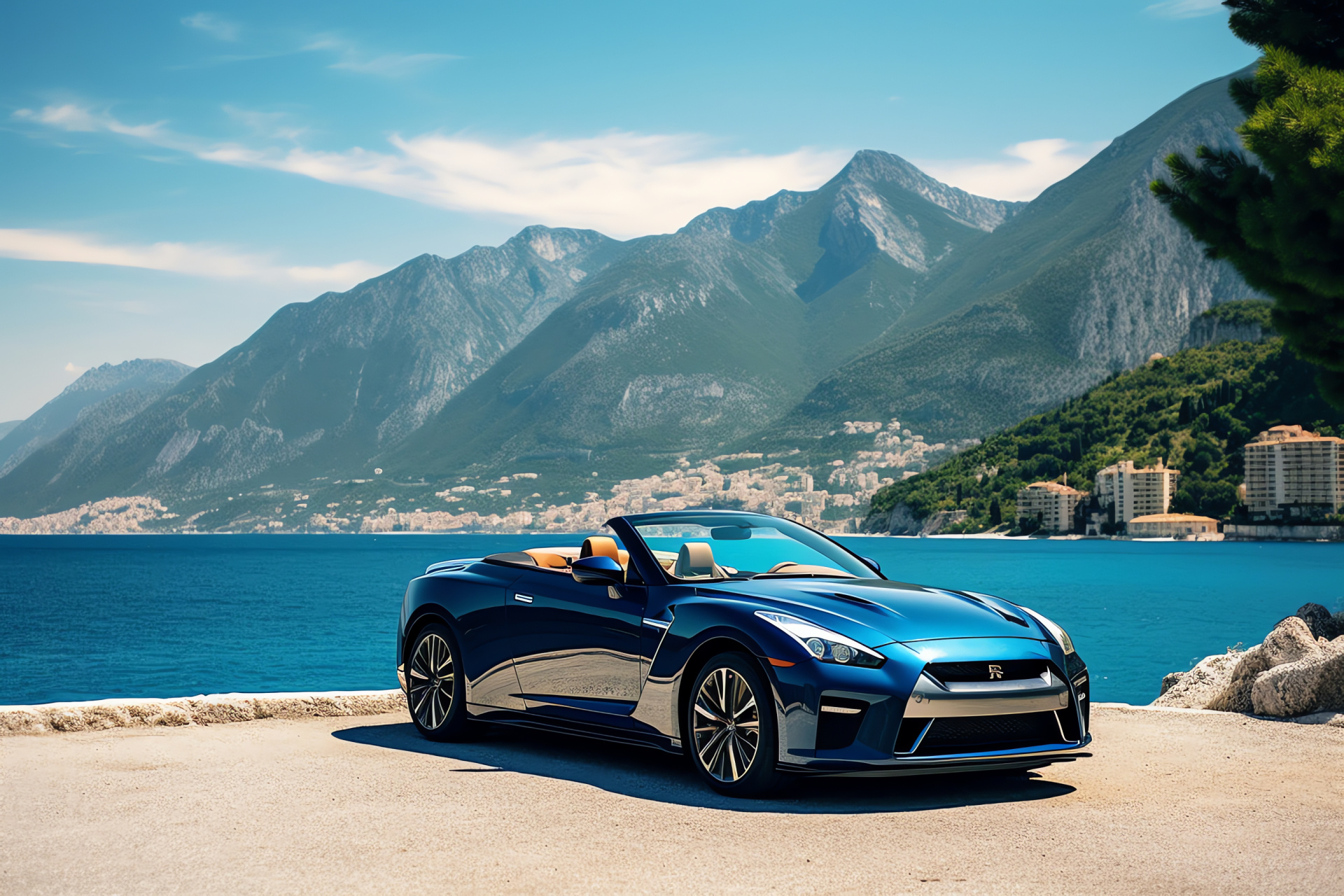 Nissan GTR, Amalfi coastline, open-top model, scenic beauty, Mediterranean seascape, HD Desktop Image