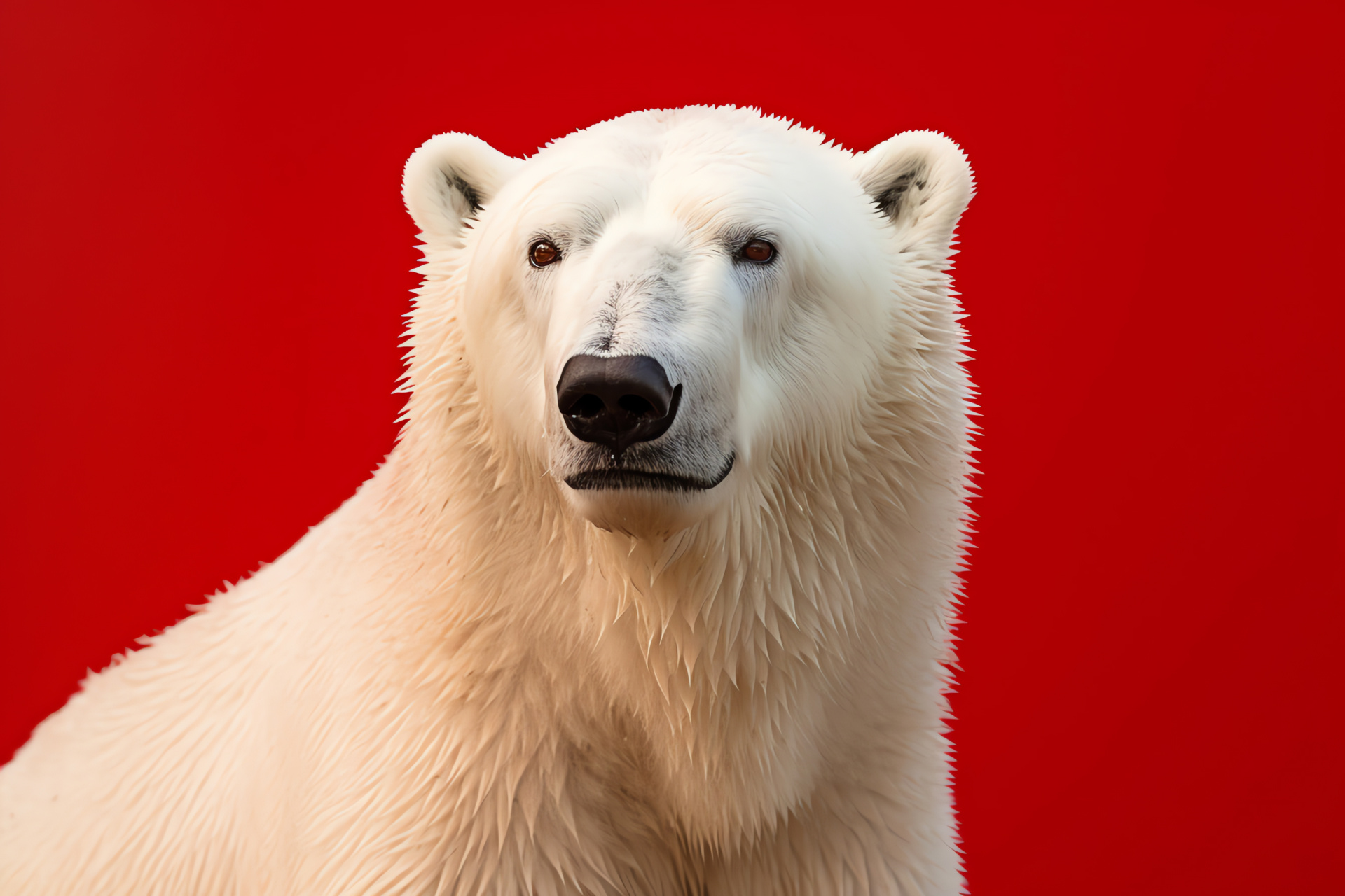 Dominant Polar Bear, full-bodied, pure white fur with light brown, striking red background, Arctic sovereignty, HD Desktop Wallpaper