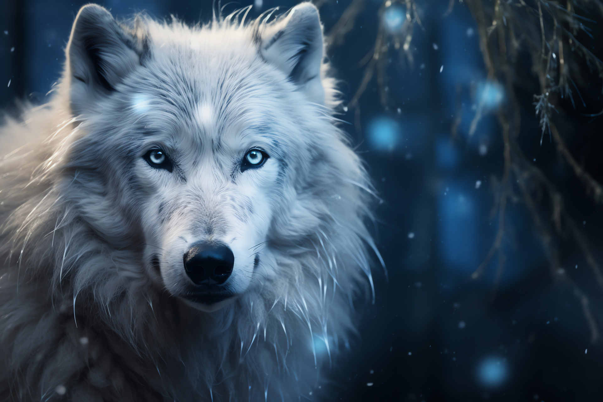 Mystical Canidae member, Mythic lupine appearance, Silvered animal gaze, Snow-clad wolf, Enigmatic predator, HD Desktop Wallpaper