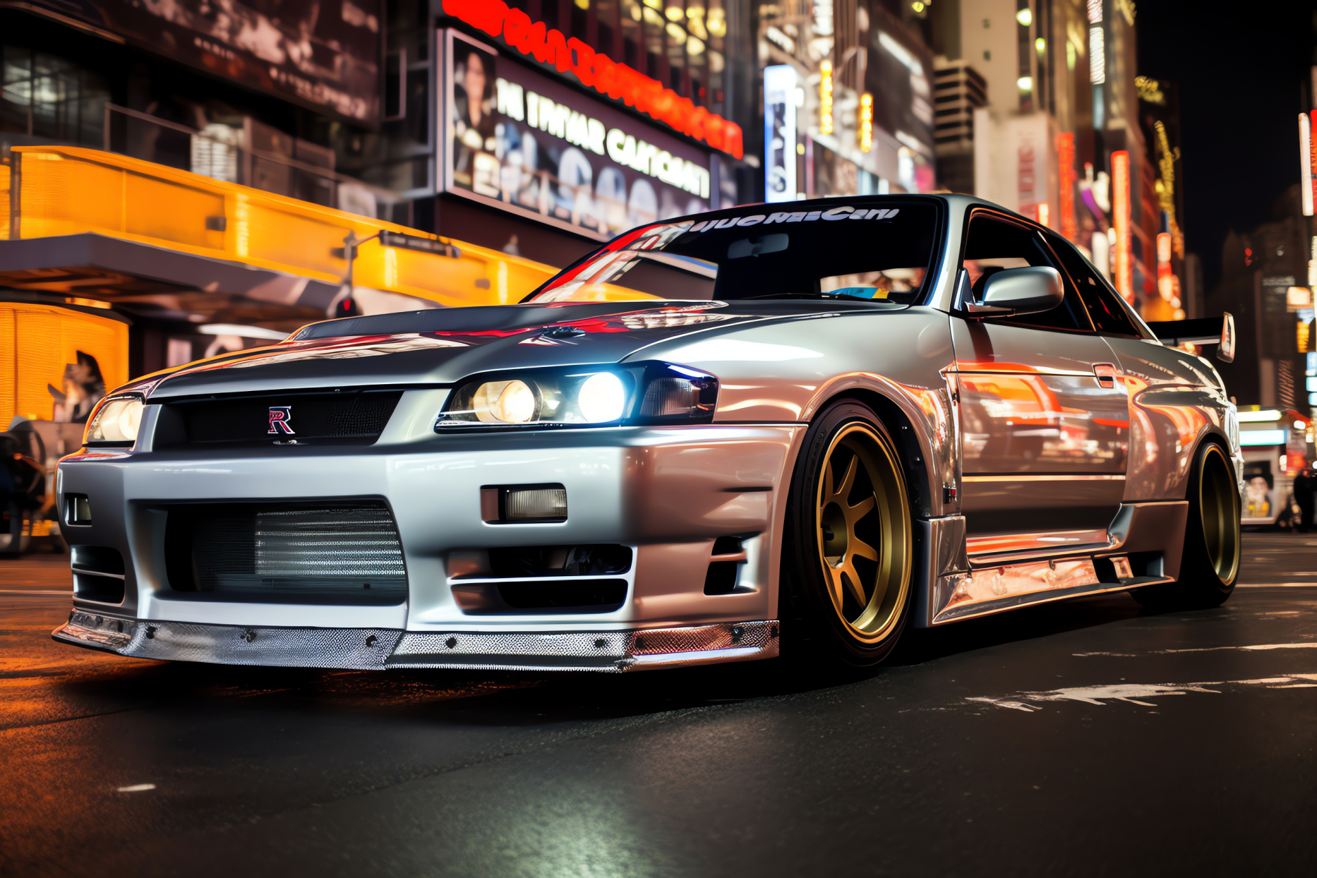 Nissan Skyline GTR, NYC ambiance, R32 V-Spec II, Silver sports car, Famous urban backdrop, HD Desktop Image