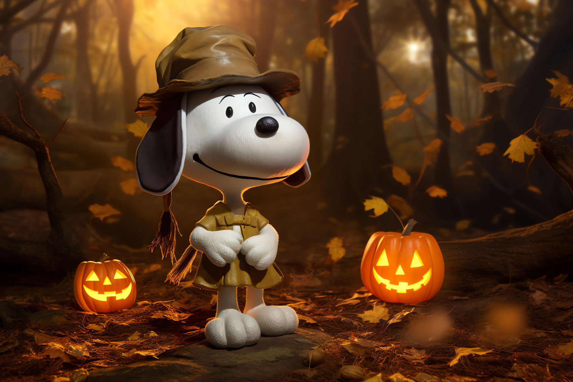 Costumed cartoon pet, Spellcasting character, Enchanted woodland, Magical staff, Spooky atmosphere, HD Desktop Wallpaper