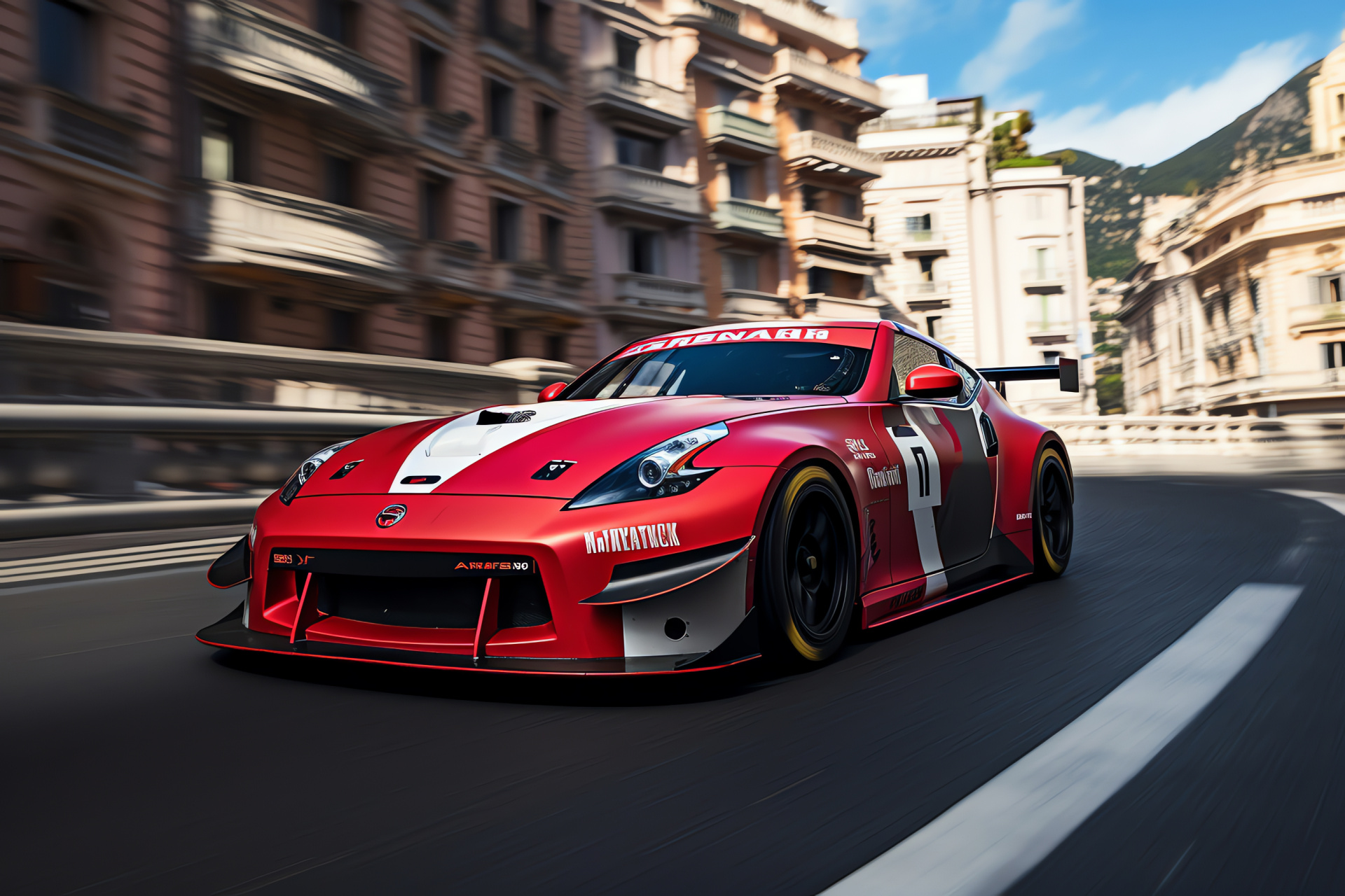 Nissan 370Z GT4, Circuit de Monaco allure, Aggressive motorsports bodywork, Racing livery design, Sports car dynamics, HD Desktop Wallpaper