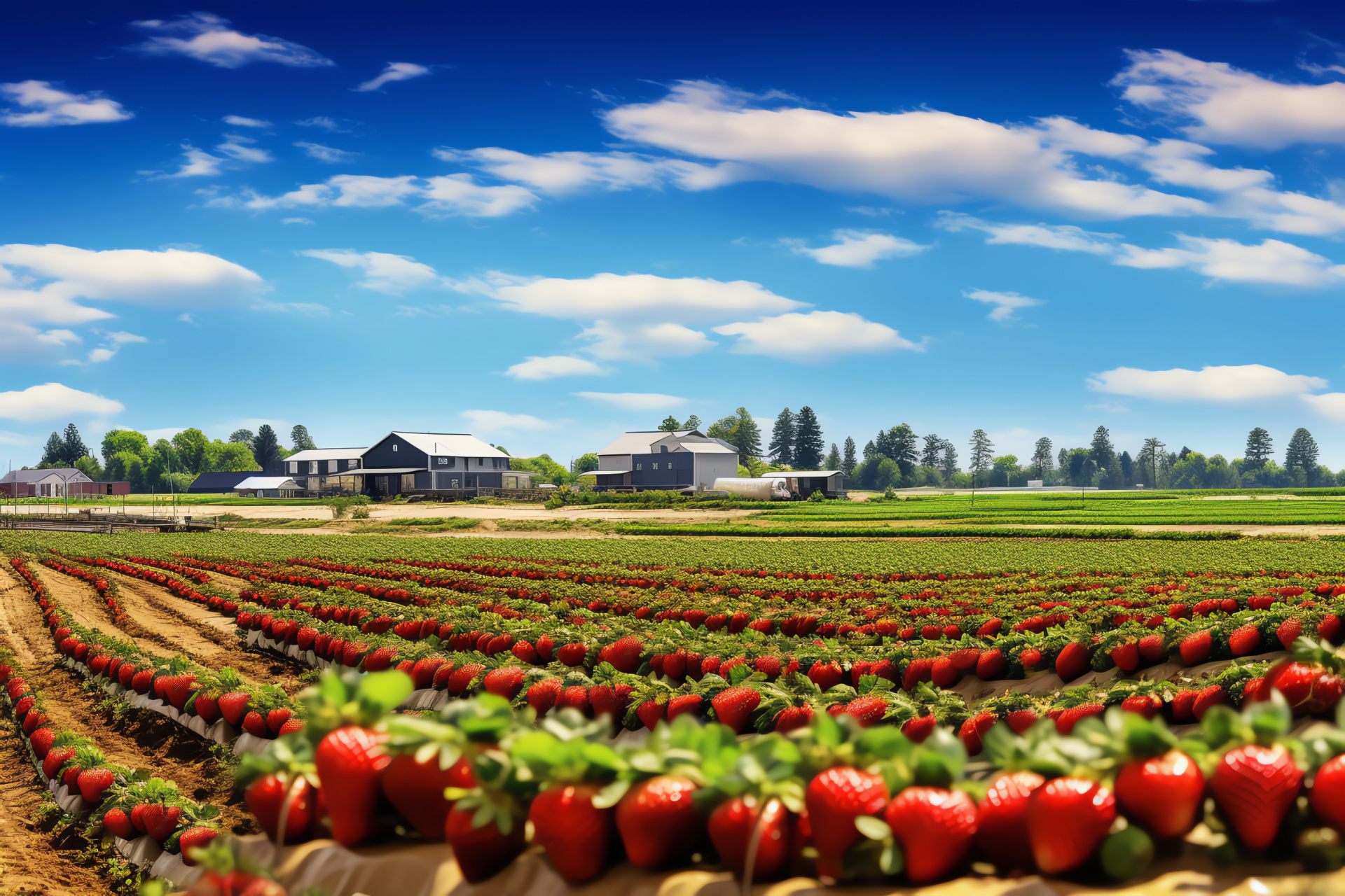 Strawberry farm landscape, Agricultural berry harvest, Farming community, Fresh picked, Storage crates, HD Desktop Wallpaper