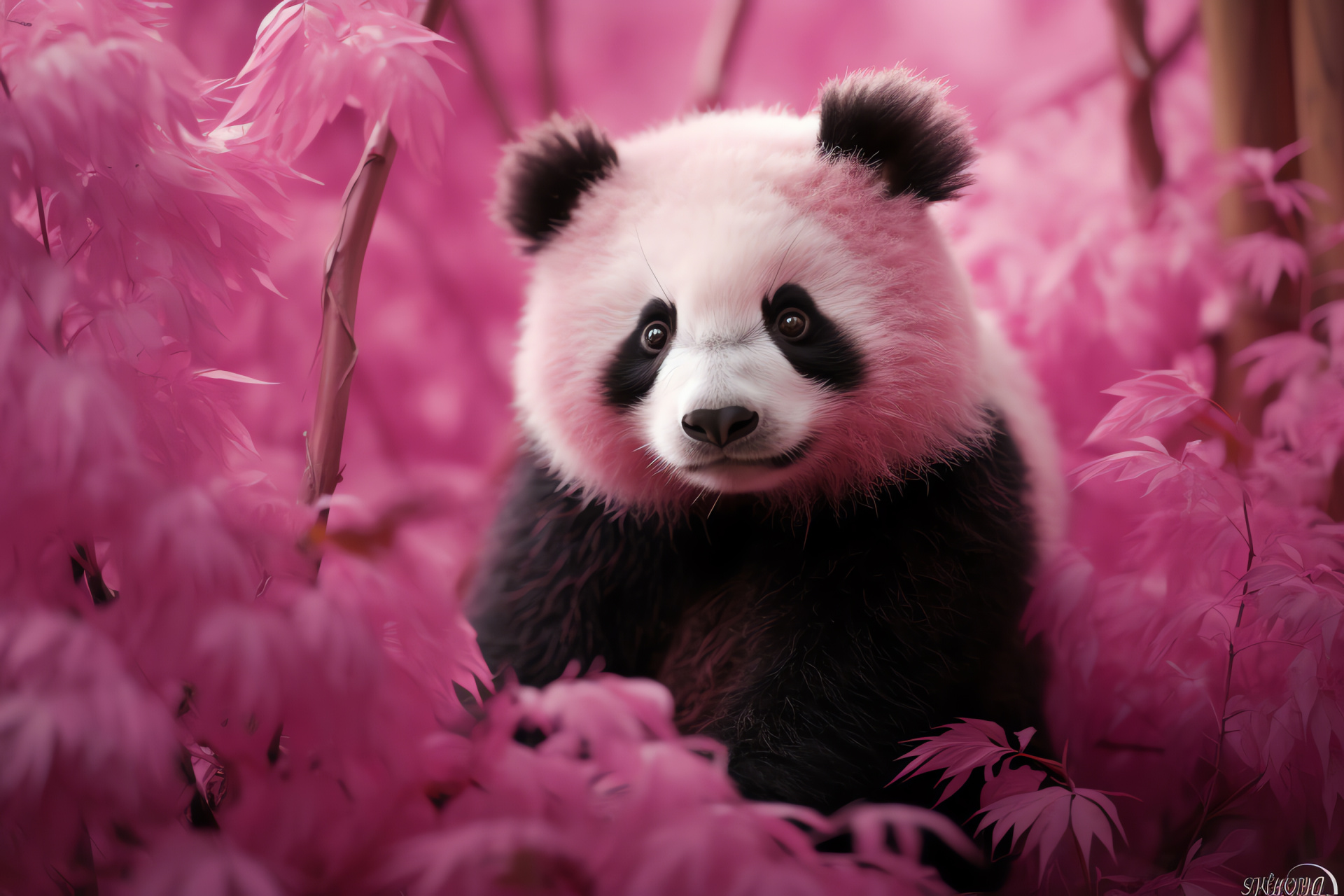 Furry Pink Panda, Lush green habitat, Rare bear species, Majestic animal fur, Asian ecosystem, HD Desktop Image