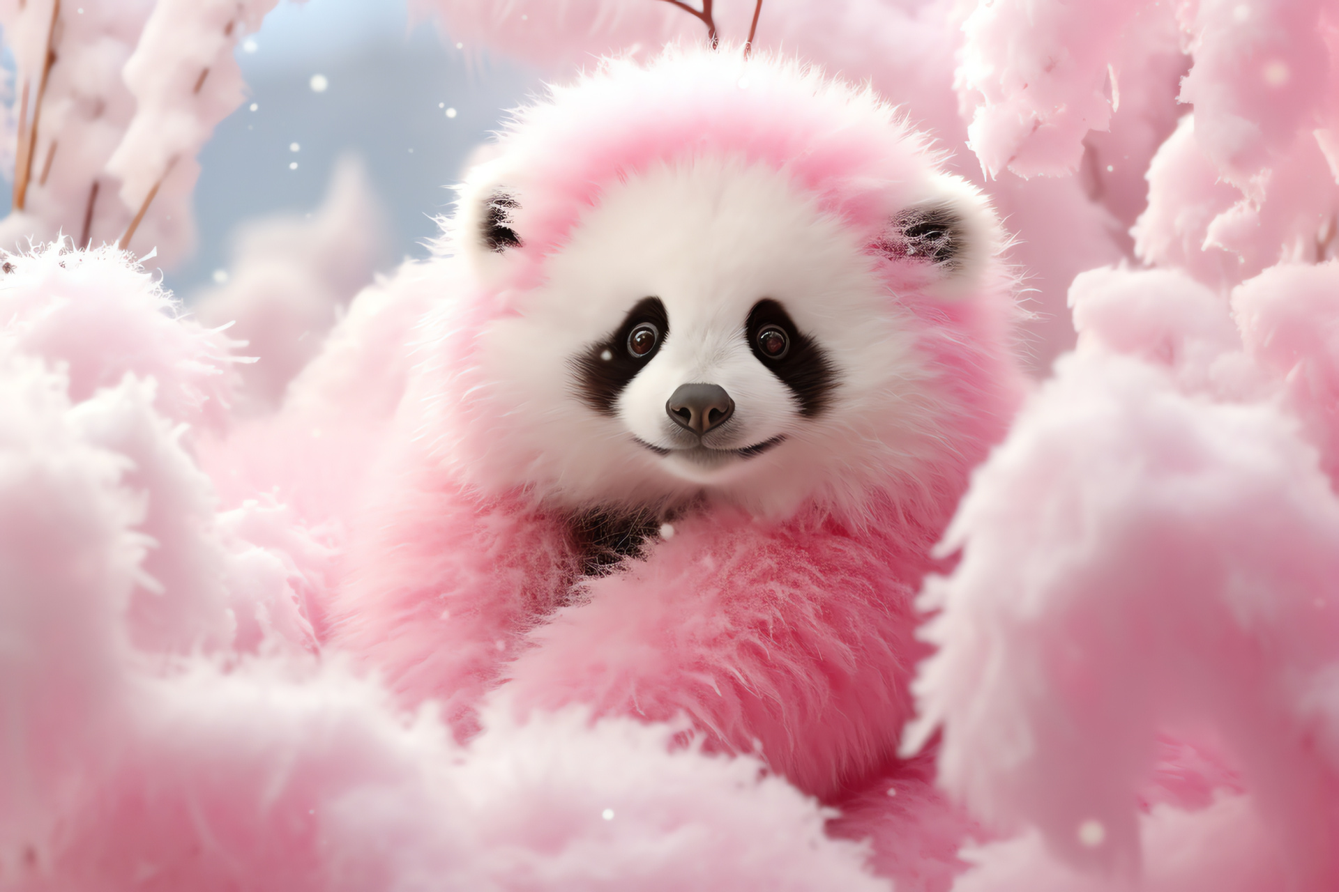 Pink-tinted Panda, Alabaster animal fur, Wintertide scene, Snowy animal environment, Pink animal shades, HD Desktop Wallpaper