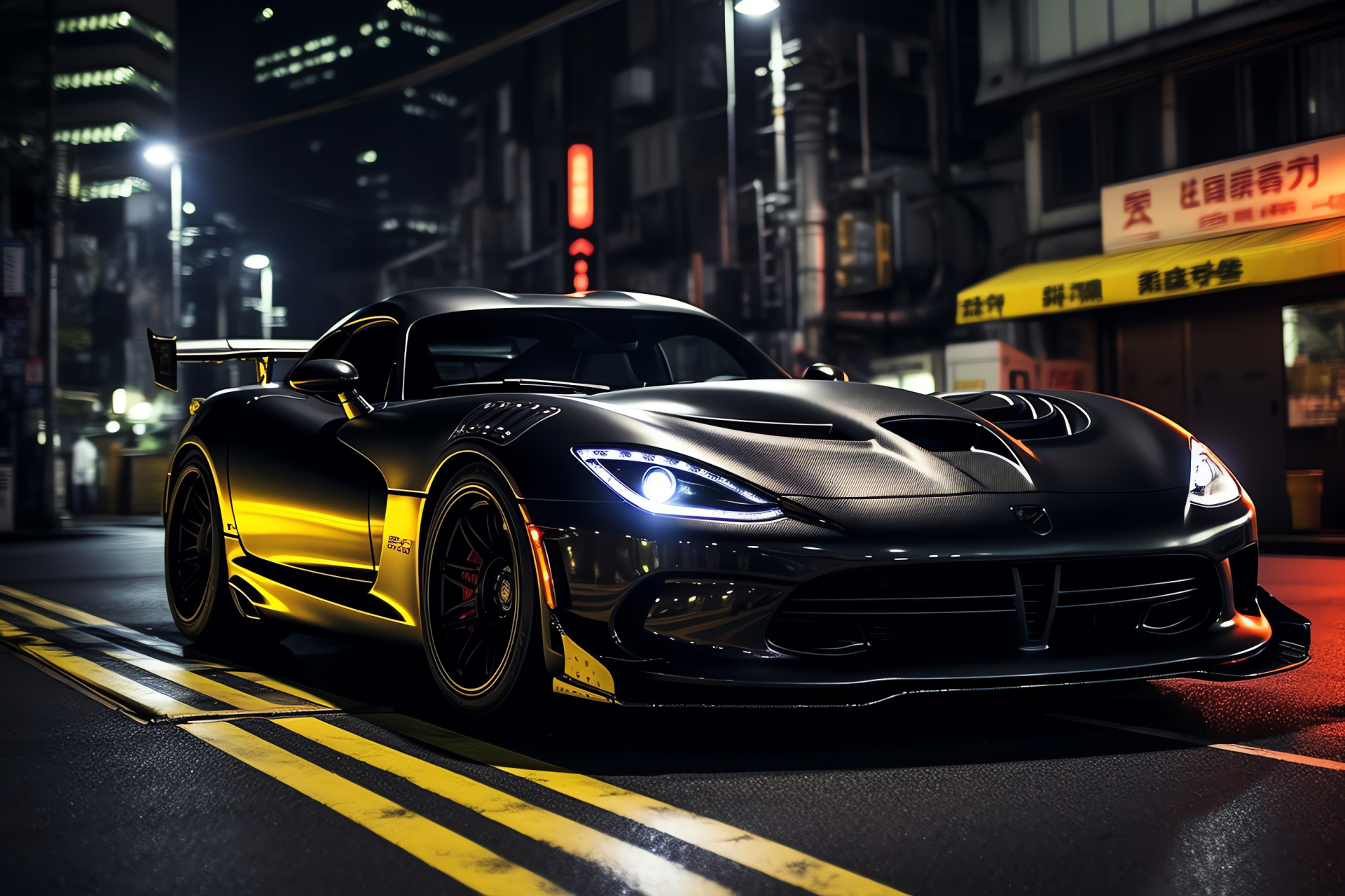 SRT Viper in Tokyo, Vivid livery, Nighttime expedition, Towering sights, Metallic sheen, HD Desktop Wallpaper