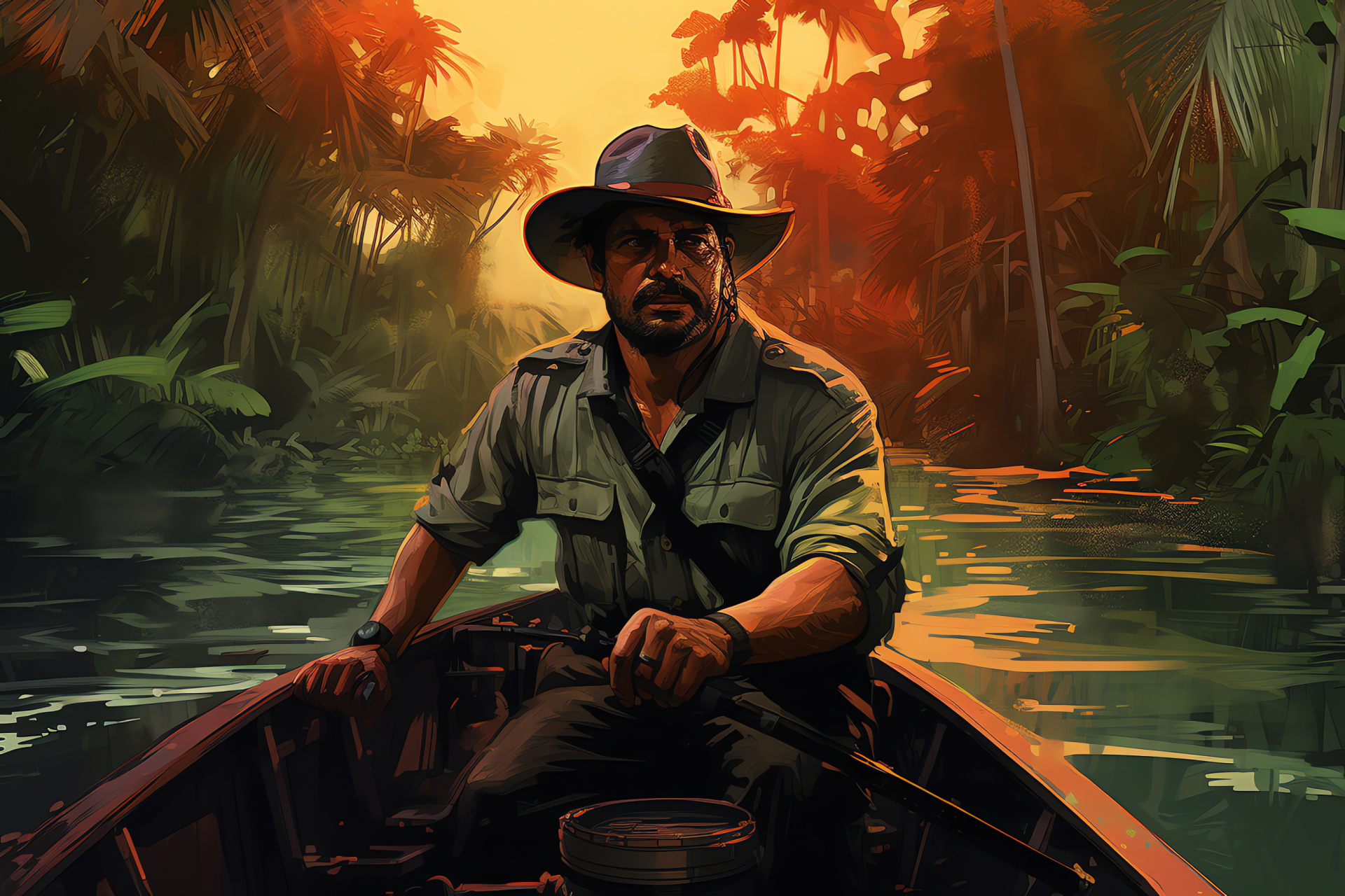 Uncharted series, Victor Sullivan, adventure guide, river transport, tropical Amazon setting, HD Desktop Image