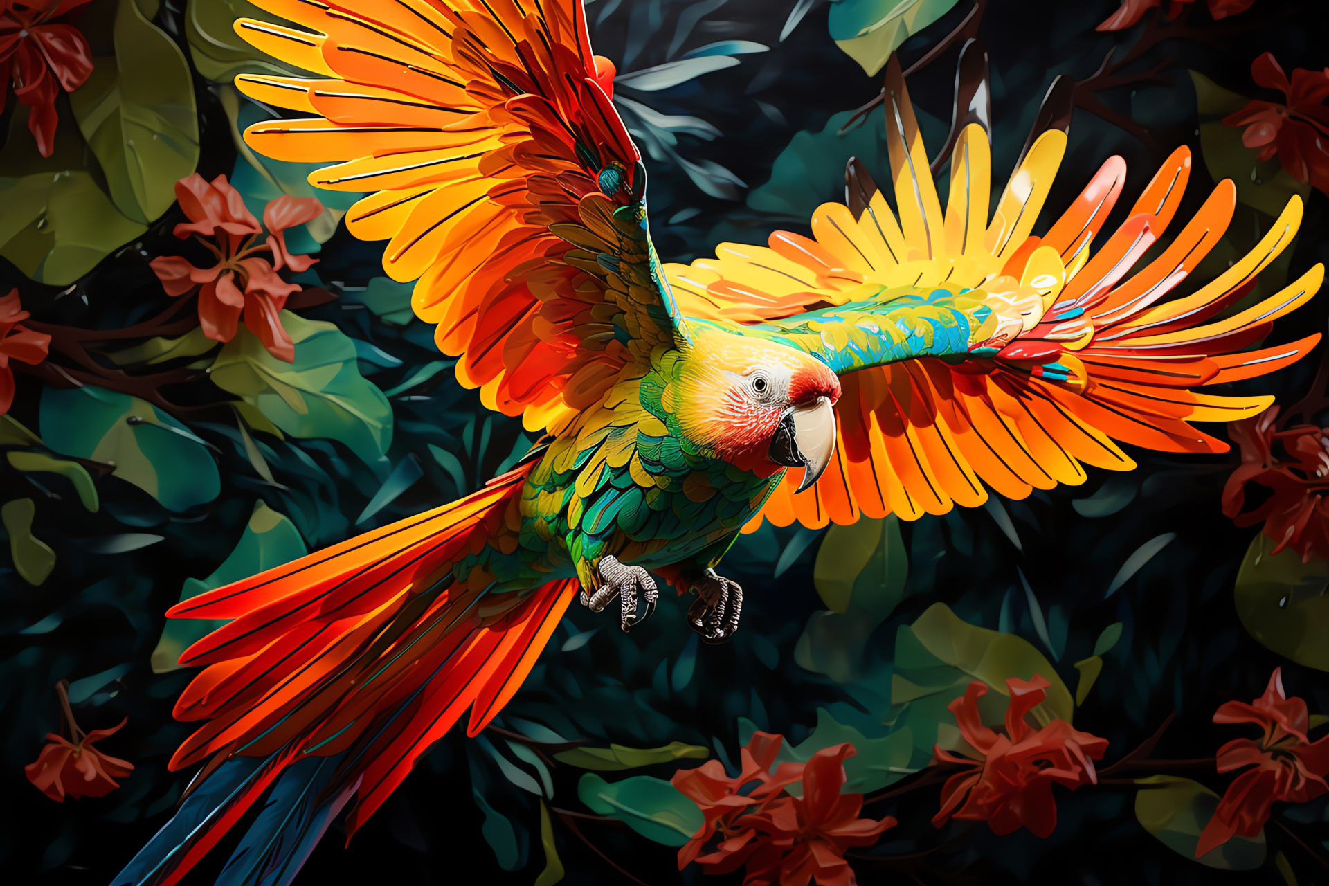 Bold parakeet, jungle birds, fiery plumage, orange beaks, tropical environments, HD Desktop Wallpaper