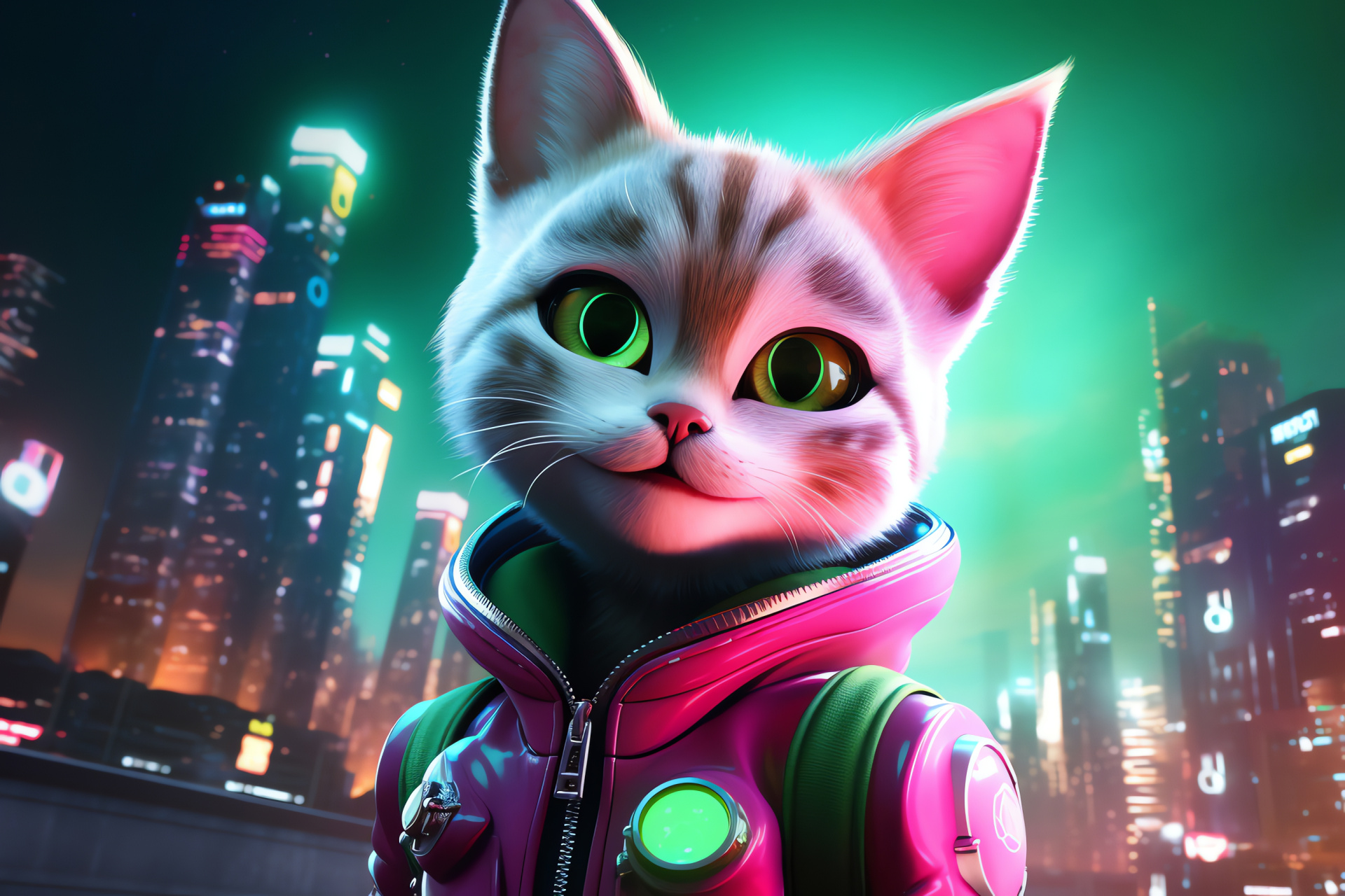 Cosmic Feline, fuchsia-eyed, sleek feline form, neon urban galaxy, skyscraper vista, HD Desktop Wallpaper