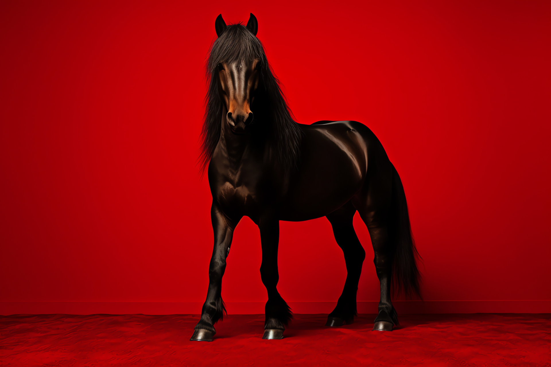 Horse footprint, Equine black coat, Sleek mane beauty, Red backdrop contrast, Majestic animal pose, HD Desktop Image