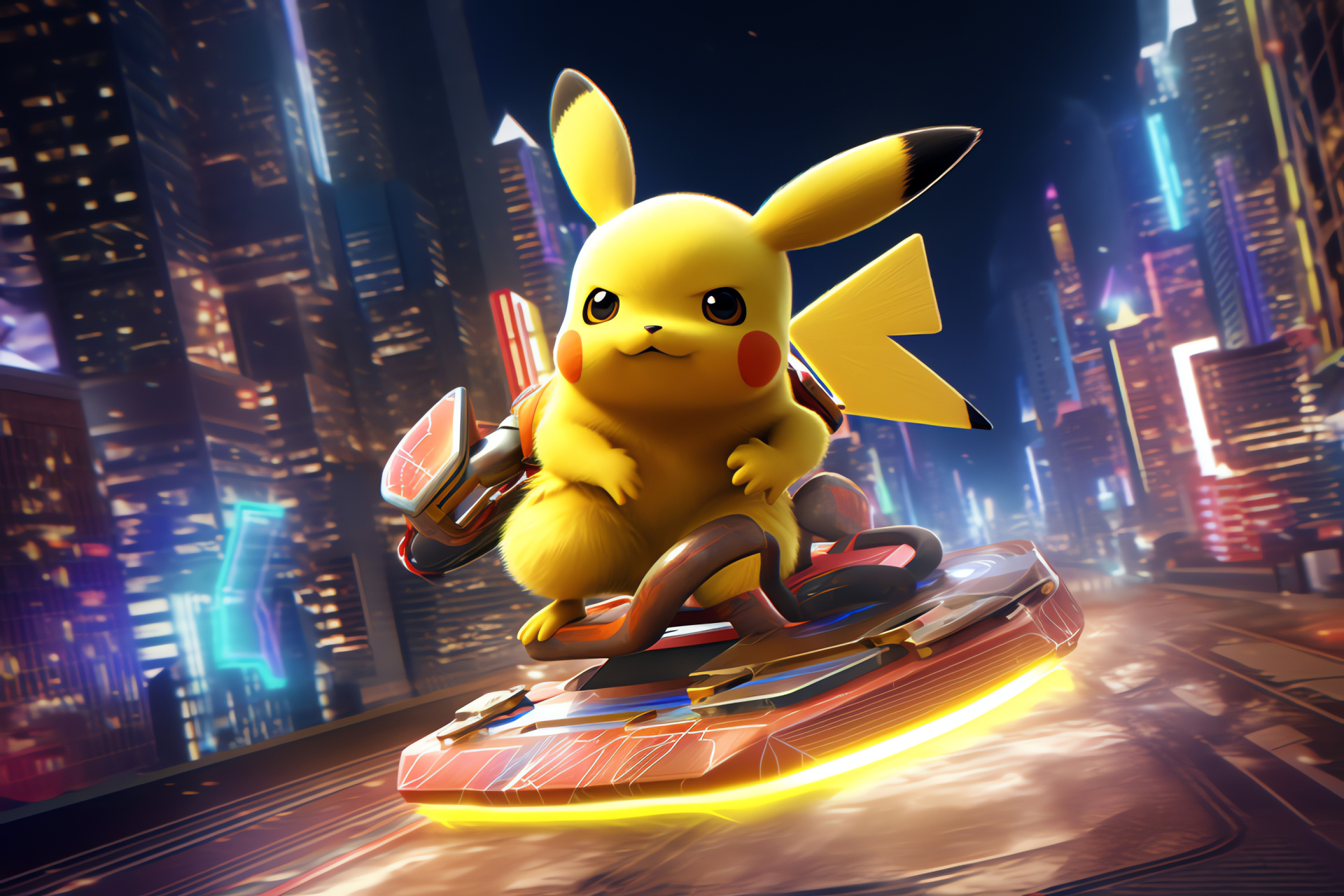 Pikachu, Mascot of Pokmon series, Animation, Urban skyline, Electric skateboard, HD Desktop Image