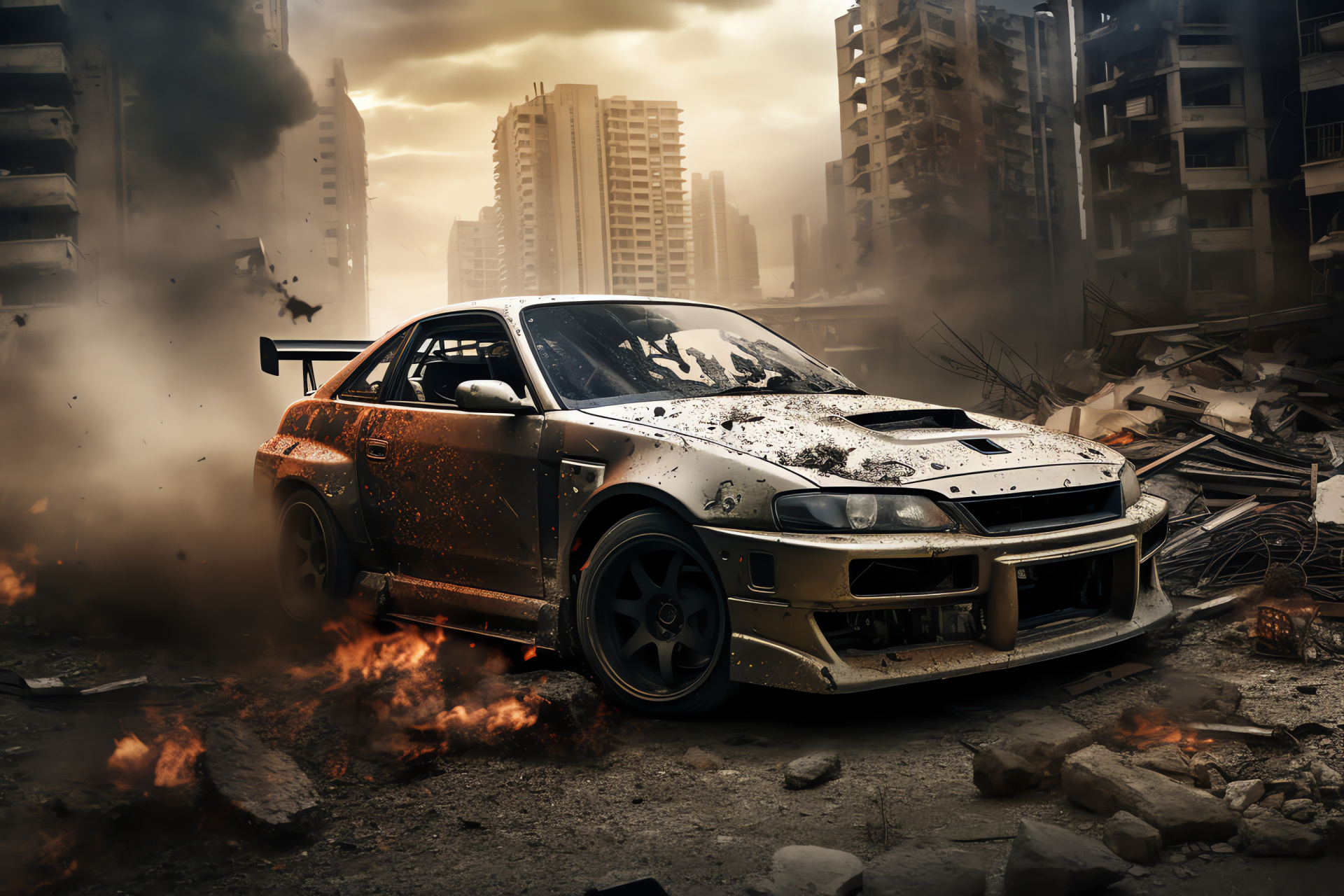 S15 Silvia aftermath, Post-disaster backdrop, Urban decay setting, JDM sports car, Survival scenario, HD Desktop Image