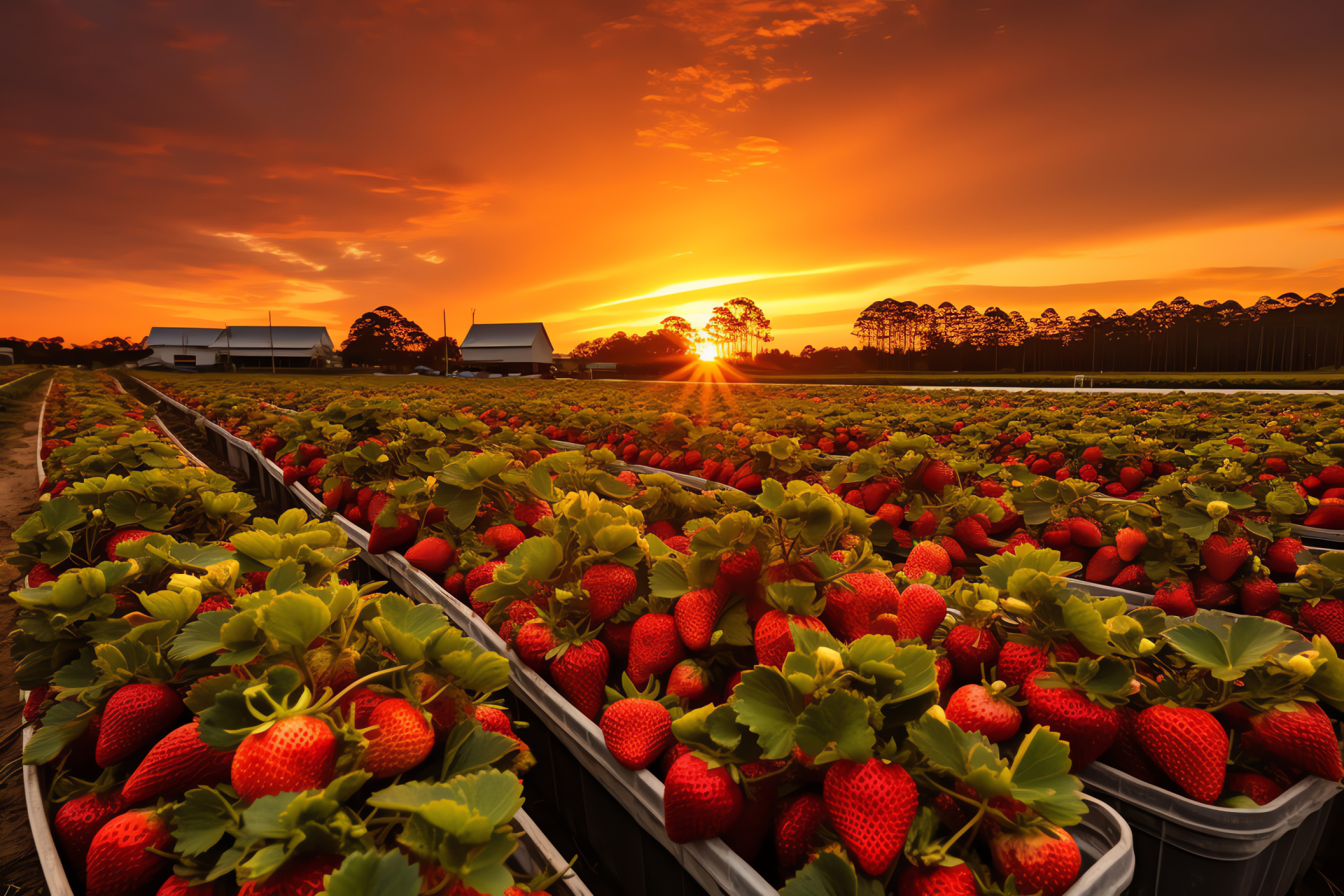 Agricultural evening scenery, berry farm horizon, dusky light, fruit field twilight, serene environment, HD Desktop Wallpaper