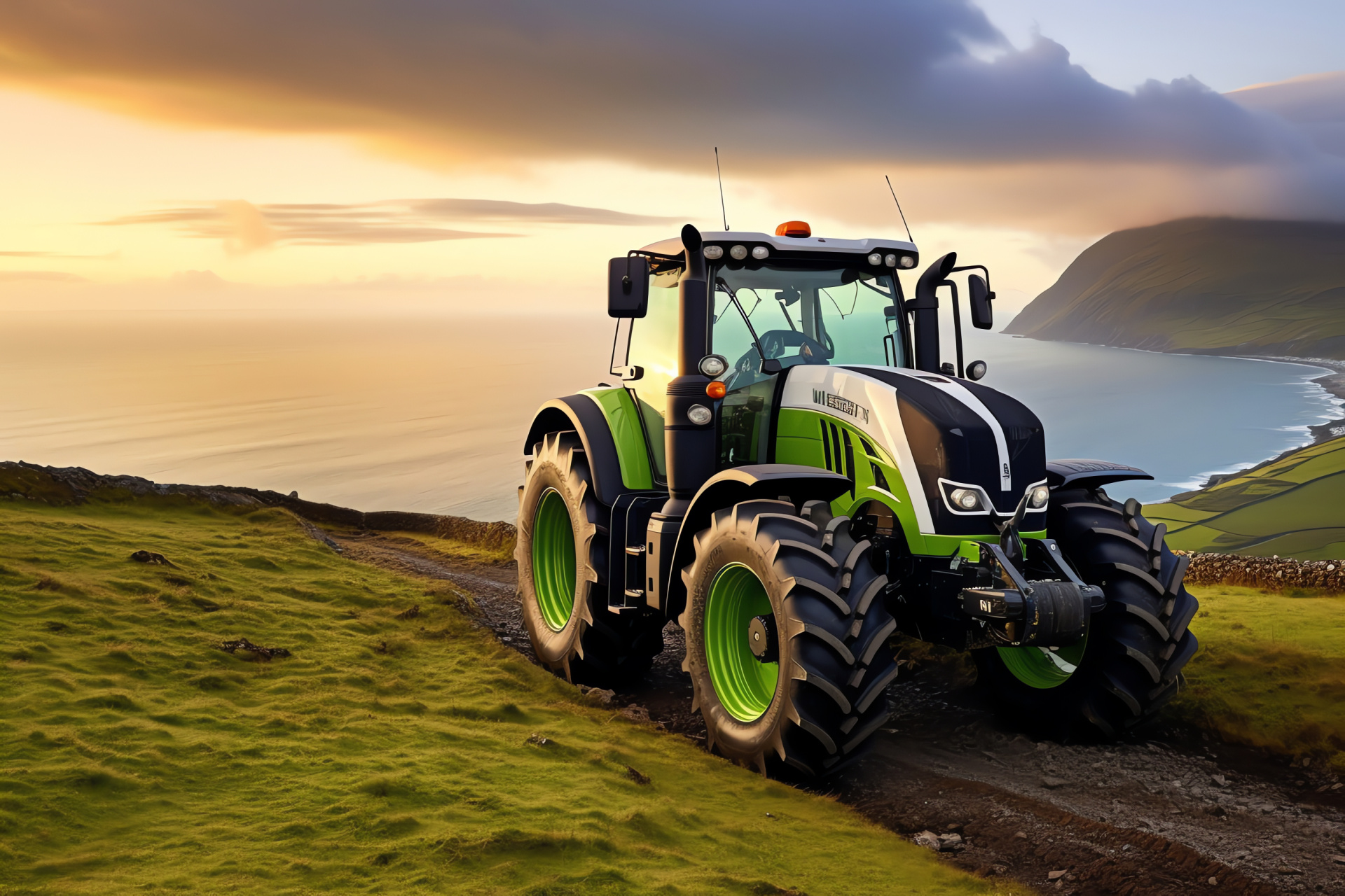 Agricultural tractor, Deutz-Fahr Agrotron, seaside fields, aerial perspective, white chassis, HD Desktop Wallpaper