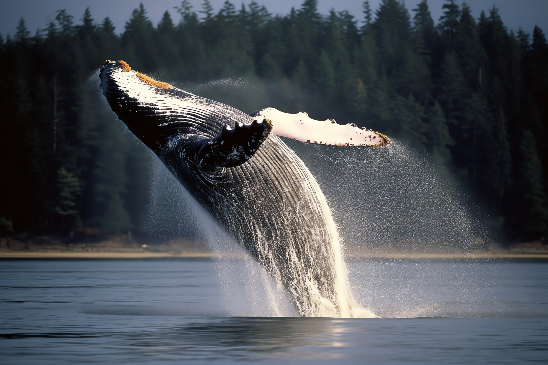 Breaching Humpback Whale, Deep ocean mammal, Whale acrobatics, Gray whale body, White aquatic patterns, HD Desktop Wallpaper