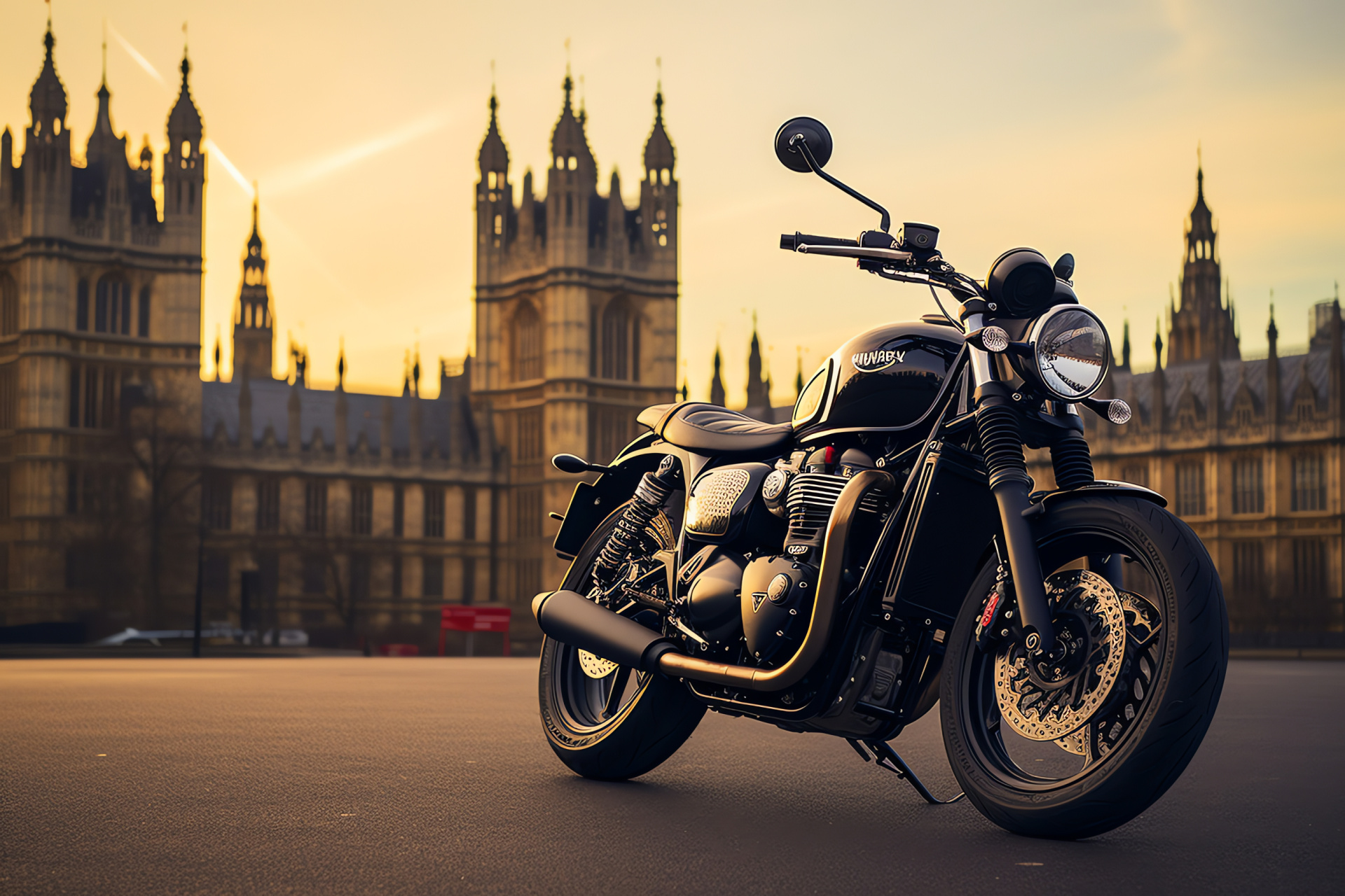 Triumph Bonneville motorcycle, London themed Street Twin, black modern aesthetic, UK capital symbols, HD Desktop Wallpaper