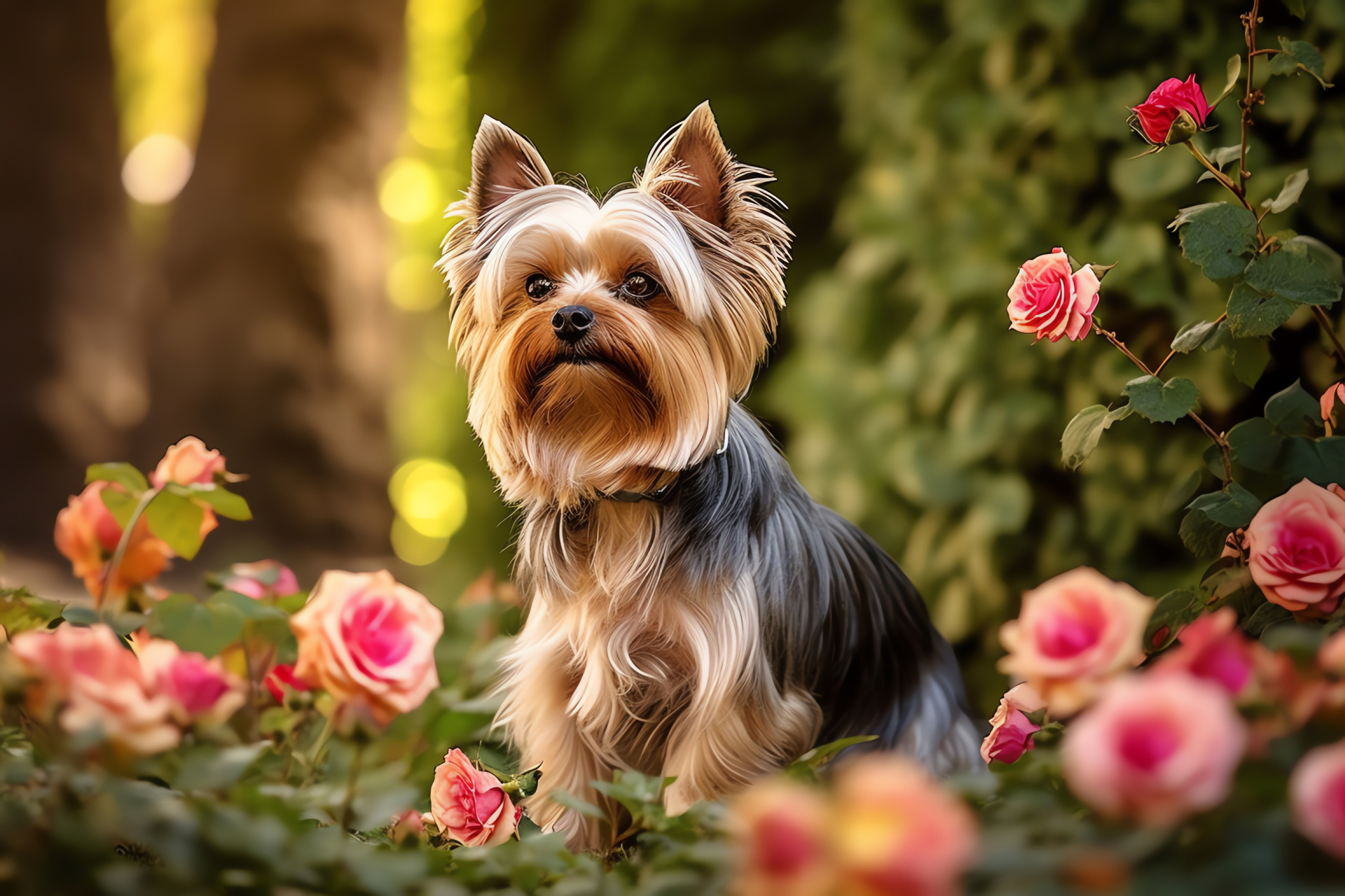 Adorable Yorkshire Terrier, attentive brown eyes, golden-chocolate dog fur, pet vibrancy, HD Desktop Wallpaper