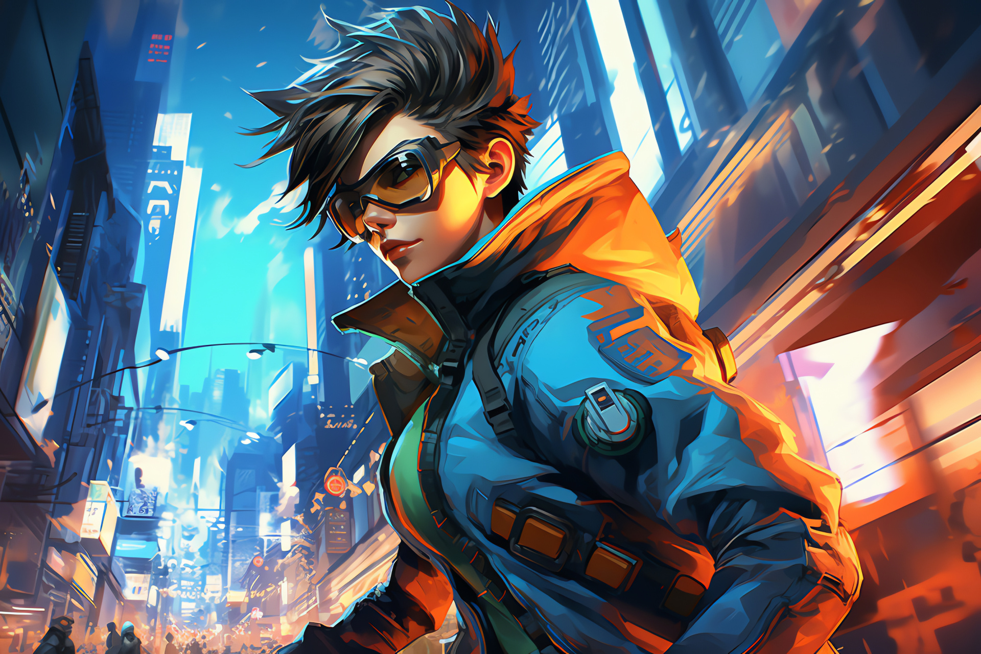 Overwatch Tracer, Chronal accelerator, Oasis landscape, High-tech environ, Sci-fi protagonist, HD Desktop Wallpaper