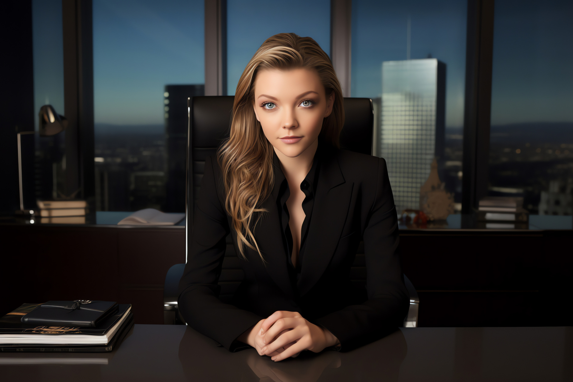 Natalie Dormer, Chic attire, Business scene, Professional setting, Resolute demeanor, HD Desktop Image