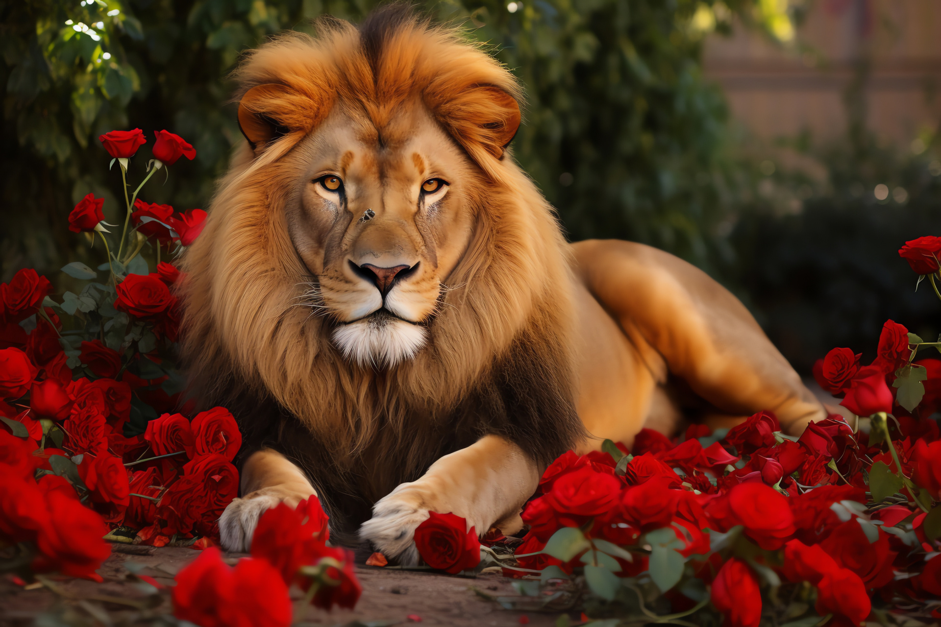 Majestic lion romance, Valentine emblem, Scarlet flora, Sumptuous textures, King of jungle, HD Desktop Wallpaper