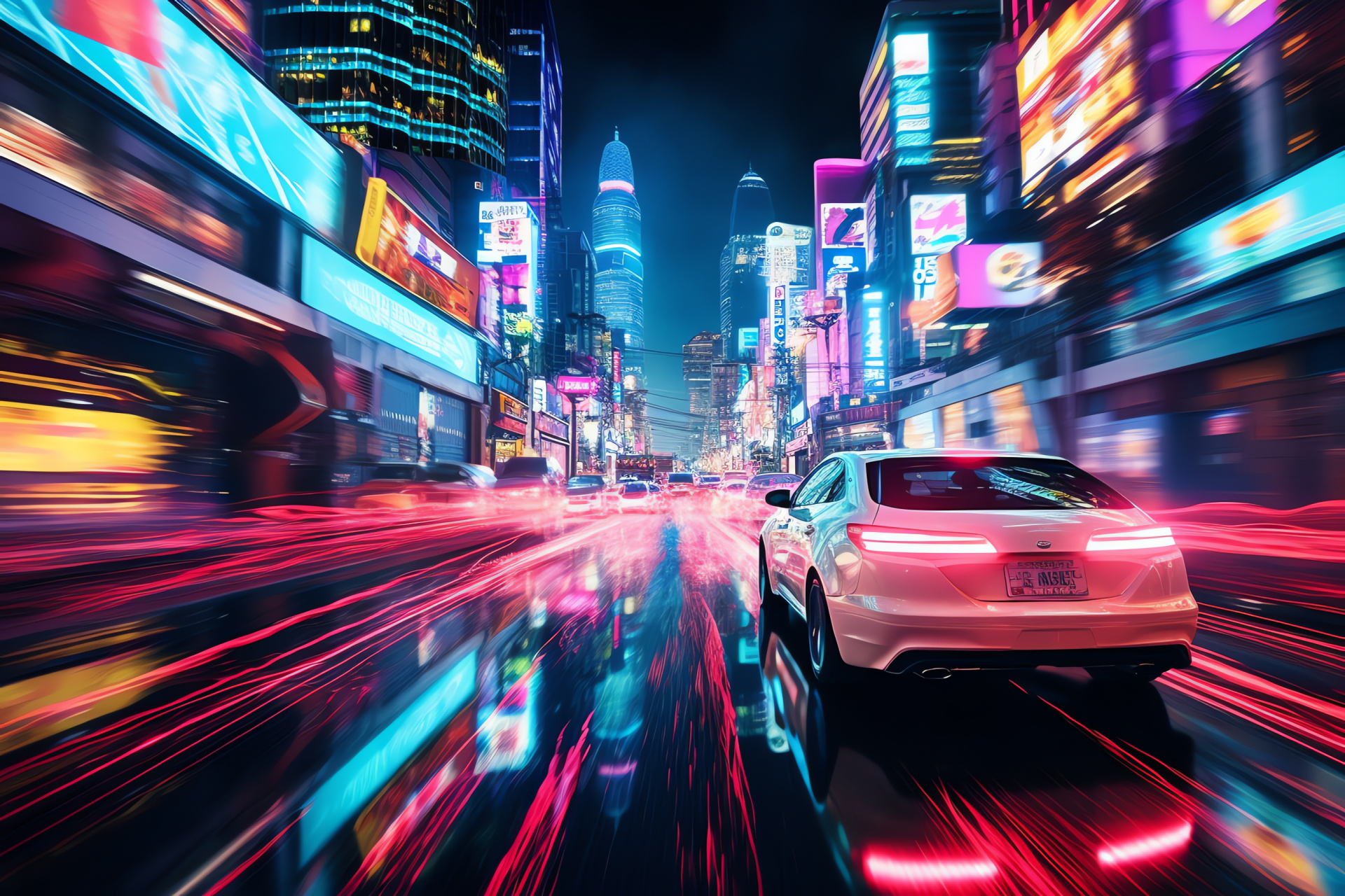 High-speed neon car, Seoul city rush, dynamic lights, reflective architecture, urban energy capture, HD Desktop Wallpaper