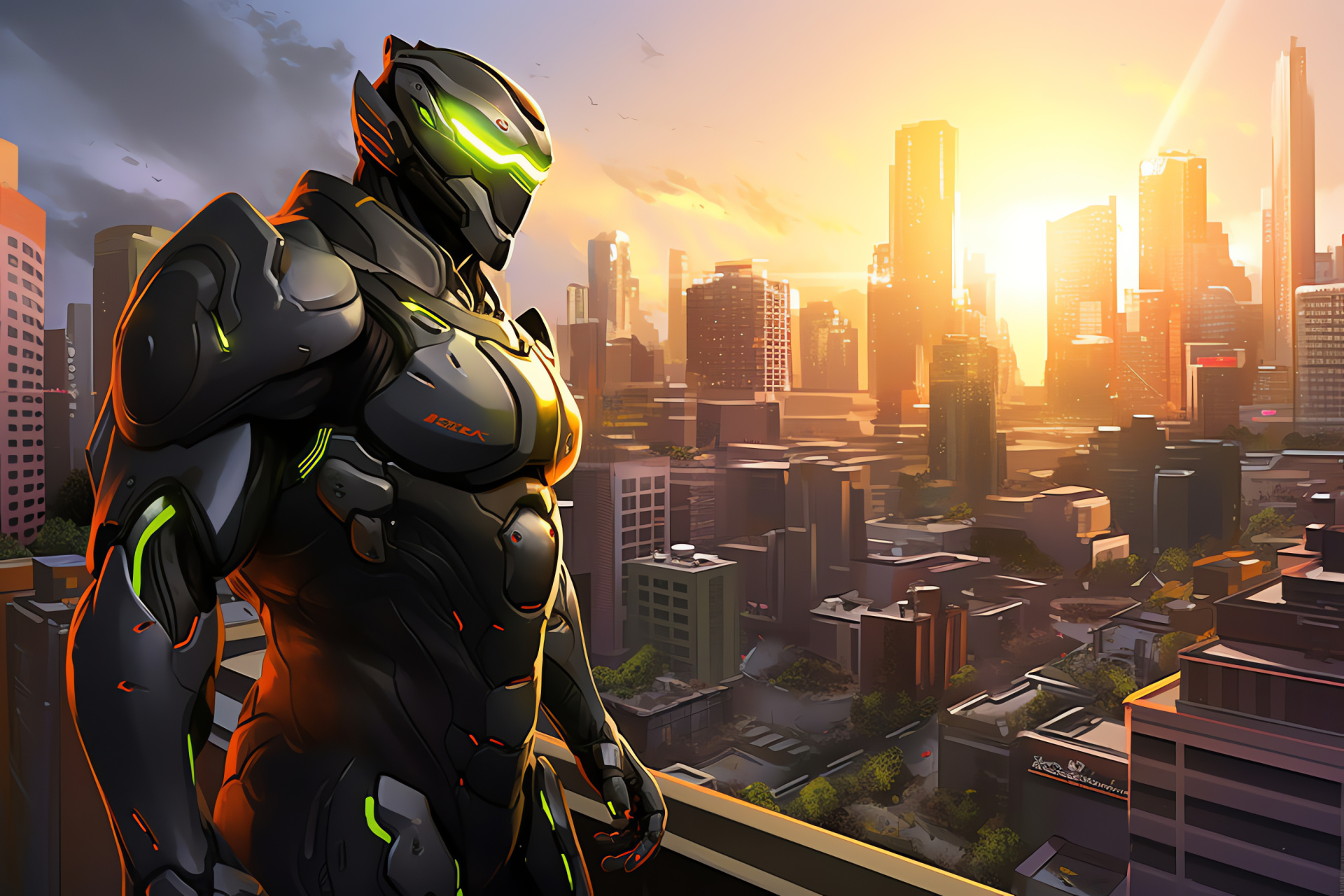 Game ninja Genji, Digital cyber art, Overwatch character, Future metropolis, Overwatch battle scene, HD Desktop Image