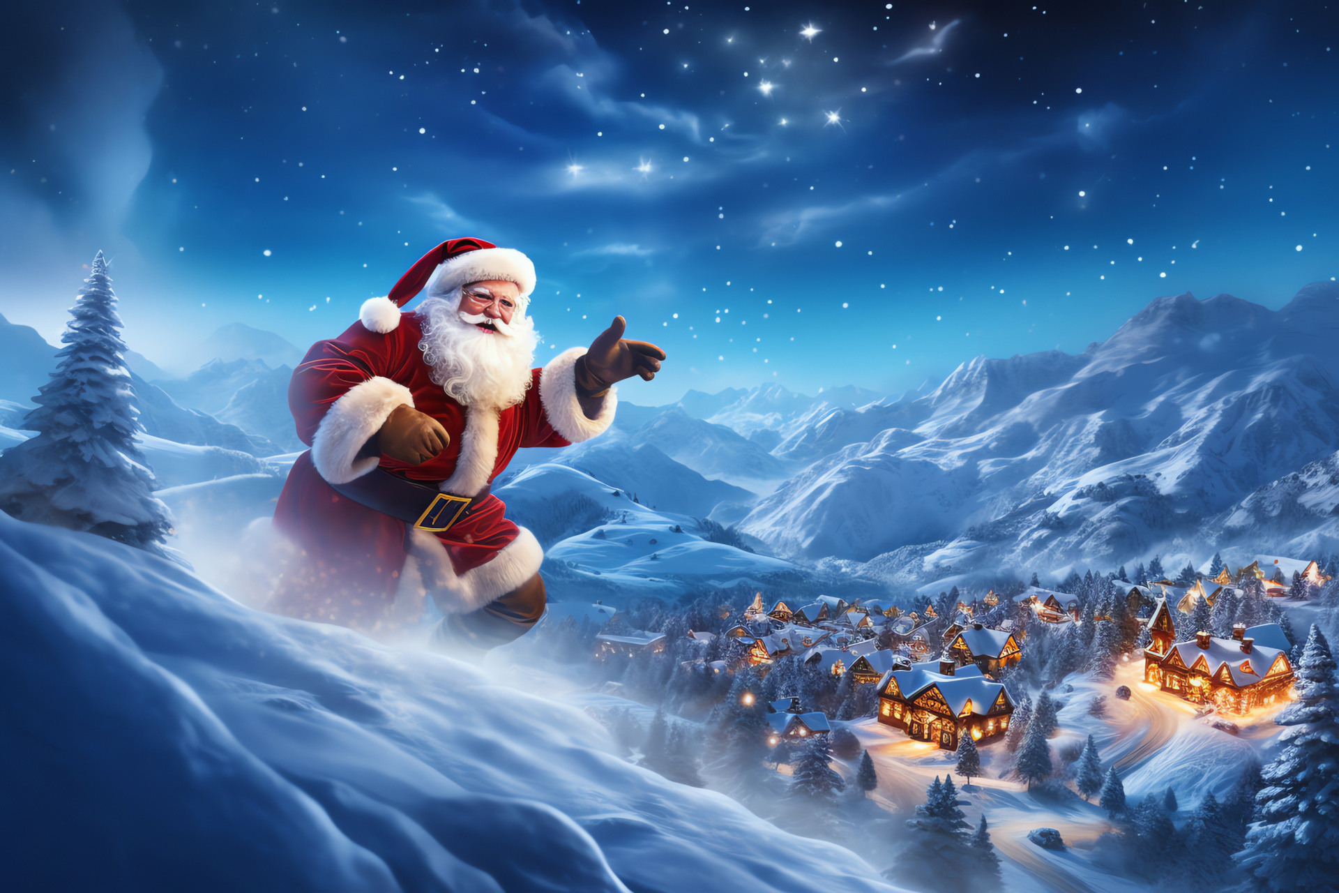 Santa Claus mountain crossing, Moonlit night flight, Icy peaks serenity, Snowfall wonder, Gift-giving excitement, HD Desktop Wallpaper