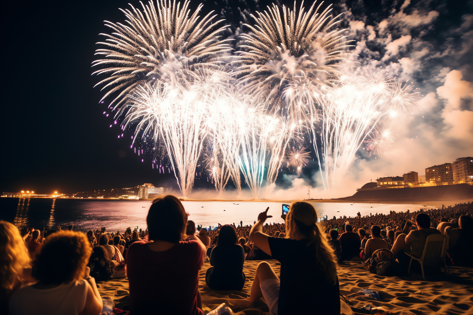 Rio de Janeiro festivities, Copacabana seaside celebration, Brazilian holiday, pyrotechnic displays, cultural attire, HD Desktop Image