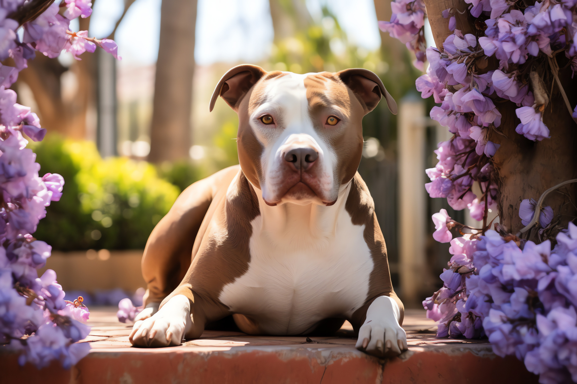 Friendly Pitbull, Unique lilac-white coat, Expressive brown eyes, Serene garden background, Canine devotion, HD Desktop Image