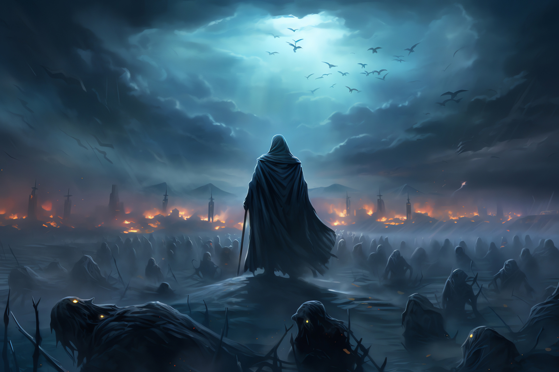 Necromancer on battlefield, Scene of fallen warriors, Mysterious blue illumination, Raising undead forces, Grim fantasy environment, HD Desktop Wallpaper