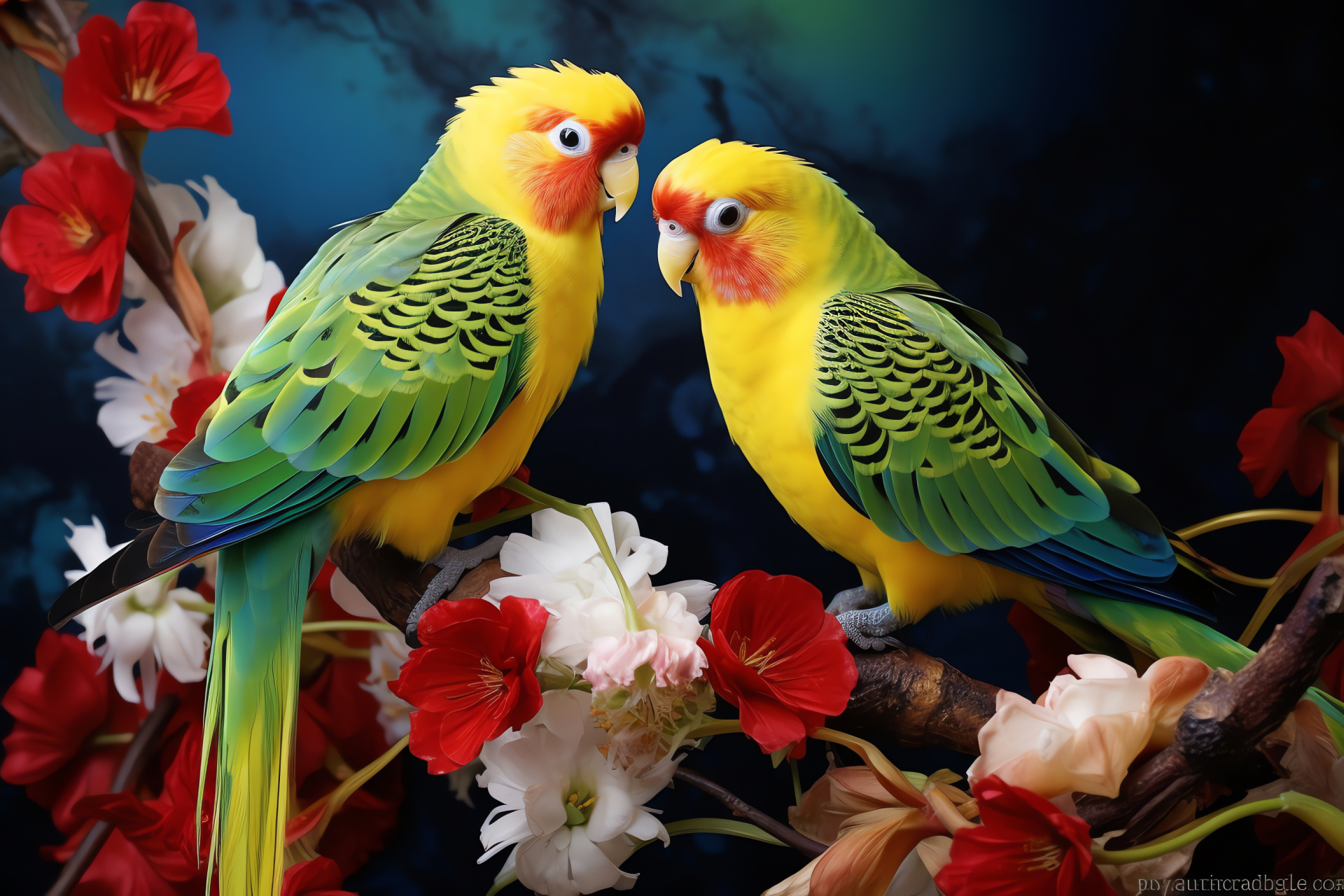 Parakeets, Dual-colored feathers, Red and blue accents, Verdant garden setting, Illuminating sunlight, HD Desktop Image